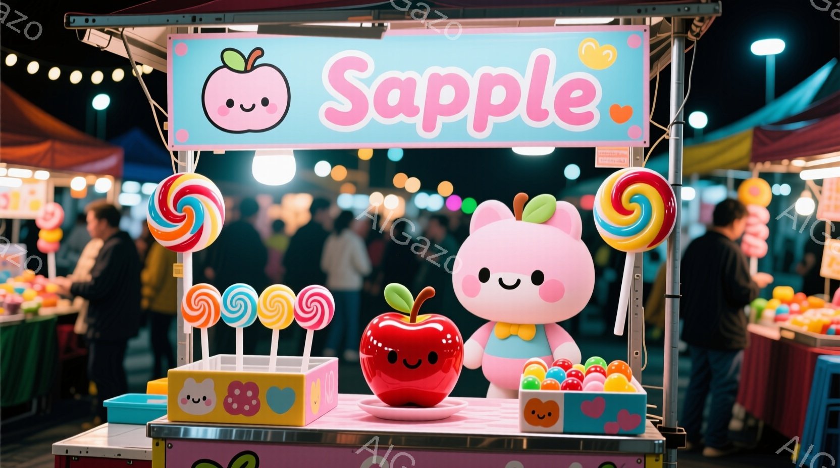 屋台には、可愛らしいアップルのキャラクターが飾られたキャンディが並べられています。背景には、多くの人々が歩き、賑やかな夜の市場の雰囲気が感じられます。屋台の装飾はピンクと白を基調としており、かわいらし - AI生成フリー素材