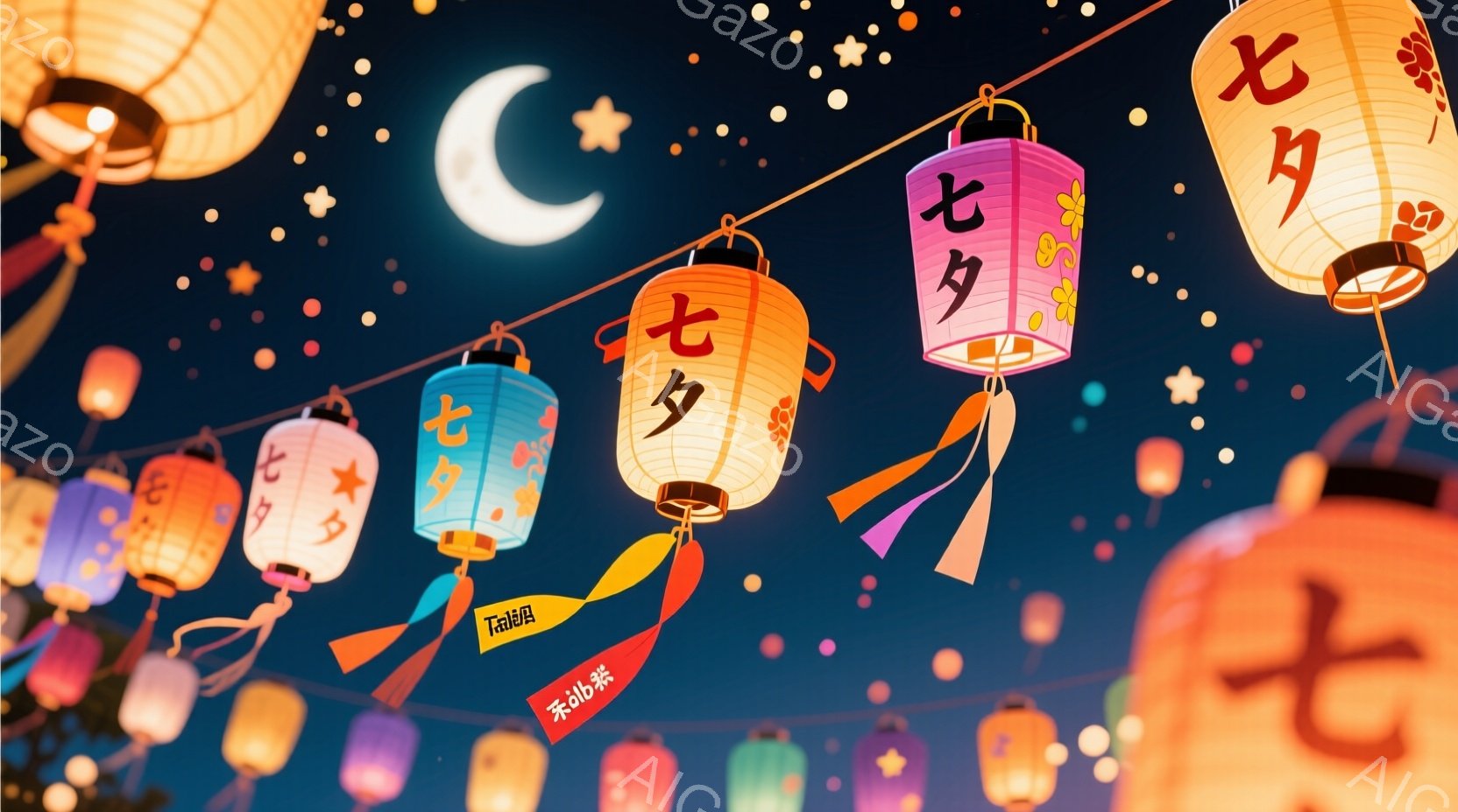 夜空には多くの提灯が飾られており、それぞれに「七」という文字が書かれています。提灯は様々な色合いで、背景には星が散りばめられ、幻想的な雰囲気を醸し出しています。提灯の下には赤い旗がぶら下がり、お祭りの - AI生成フリー素材
