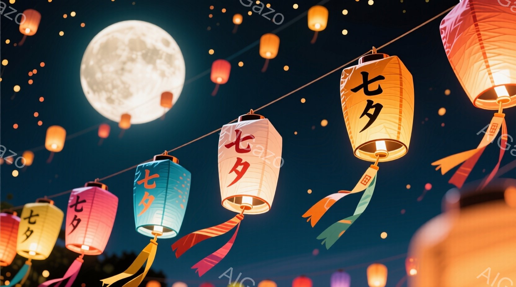夜空に提灯が連なり、それぞれに「七夕」と書かれています。提灯は様々な色で、ピンク、青、黄色などが鮮やかに光り、それぞれの下には色とりどりのリボンが風に揺れています。背景は深い青色で、小さな星が散りばめ - AI生成フリー素材