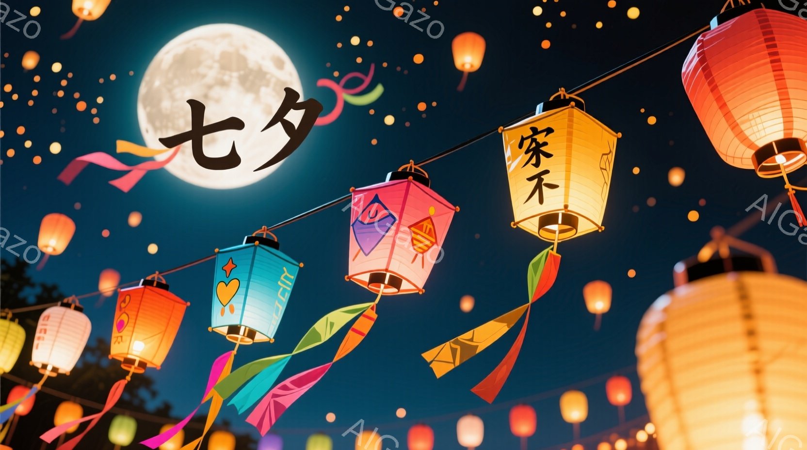 深い青色の夜空に、色とりどりの提灯と風車が飾られています。提灯には様々な絵柄が描かれており、温かい光を放っています。背景には暗い木々が見え、全体的に幻想的で、お祭りの賑やかな雰囲気を伝えています。