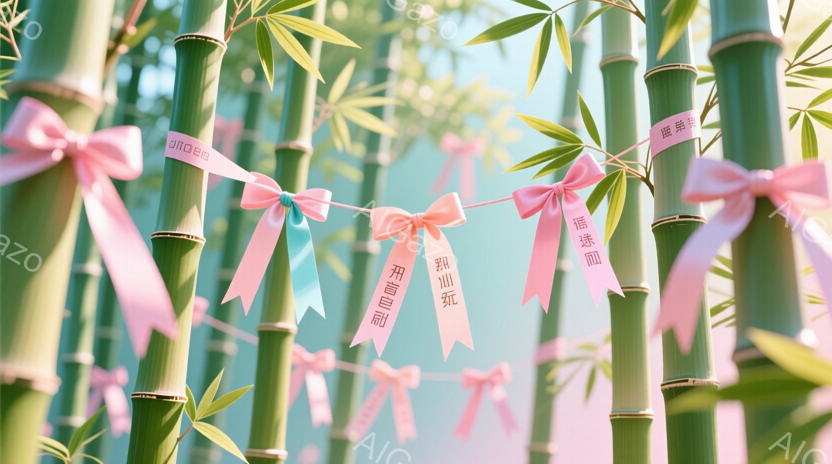 鮮やかな緑色の竹林が広がり、それぞれの竹にはピンク色のリボンが結び付けられています。リボンには金色の文字で名前や願い事が書かれており、お祭りや記念行事の雰囲気が漂っています。背景はぼやけており、竹林の - AI生成フリー素材