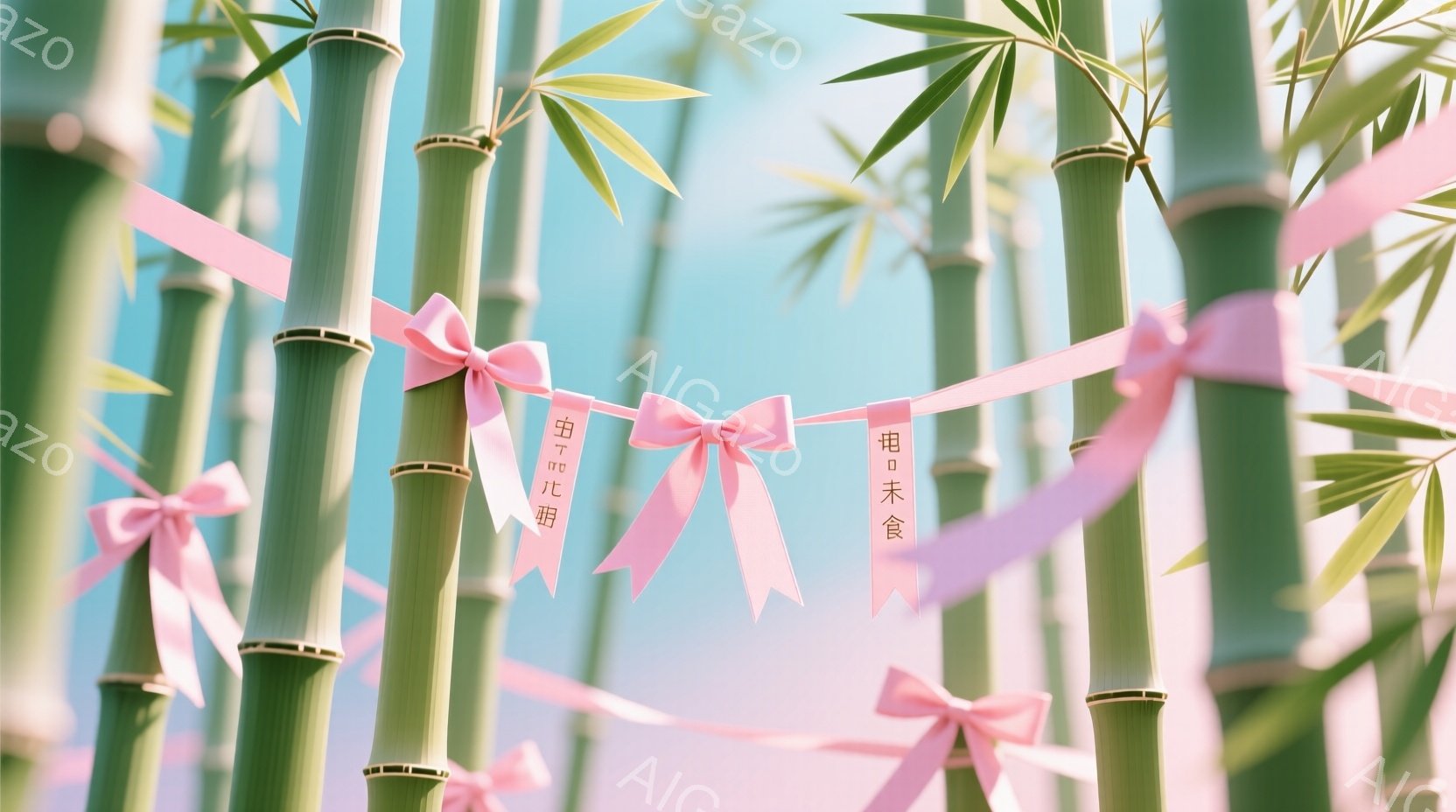 鮮やかな緑色の竹林が写真全体を占めており、それぞれの竹にはピンク色のリボンが結び付けられています。リボンには文字が書かれており、背景は淡いピンクと水色のグラデーションで、穏やかな春の日の雰囲気を醸し出 - AI生成フリー素材