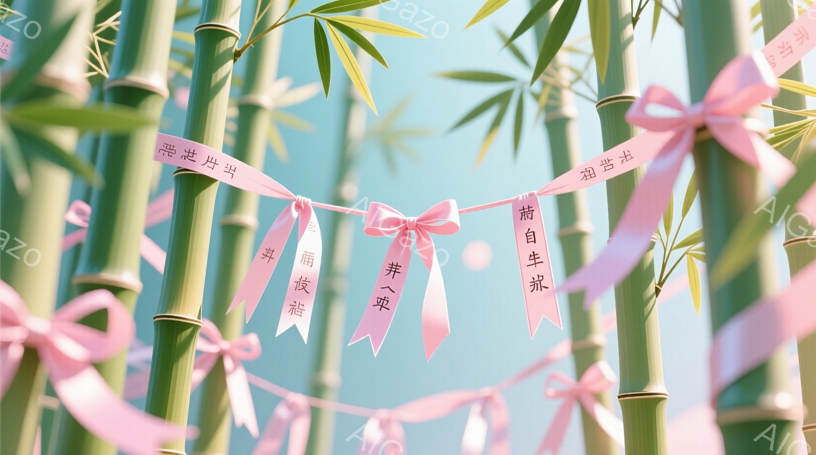 青々とした竹林の中に、ピンク色の短冊が結び付けられた紐が張り巡らされています。短冊には、墨で書かれた願い事が記されており、風に揺れて優しい雰囲気を醸し出しています。背景はぼやけた青空で、穏やかで幻想的な空間を表現しています。