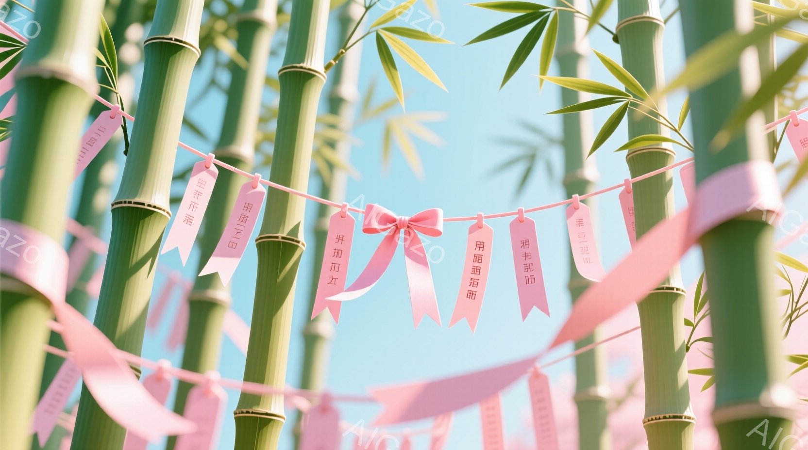 青々とした竹林の中に、ピンク色の細長い旗が吊るされています。旗には日本語で文字が書かれており、風に揺れながら春の訪れを感じさせます。空は明るい青色で、穏やかで希望に満ちた雰囲気が漂っています。 - AI生成フリー素材