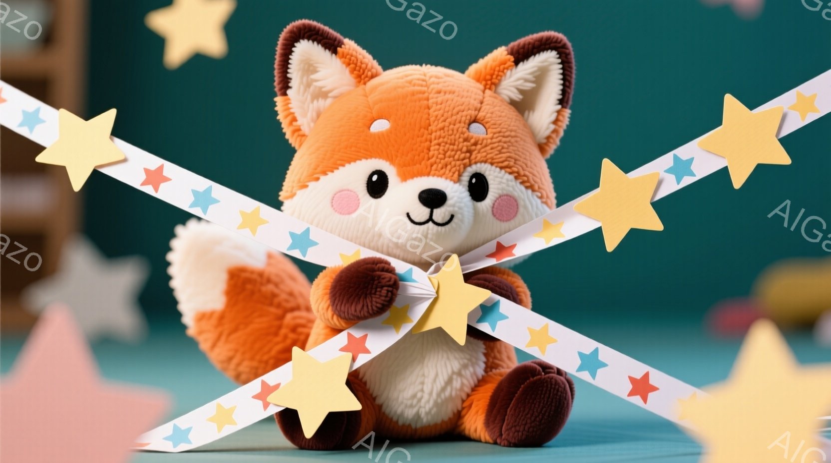 鮮やかなオレンジ色の毛並みを持つ、愛らしいキツネのぬいぐるみです。丸い頬には薄いピンク色を帯びており、つぶらな瞳と微笑みが印象的です。背景には水色の壁と星形のガーランドが飾られ、暖かく穏やかな雰囲気を - AI生成フリー素材