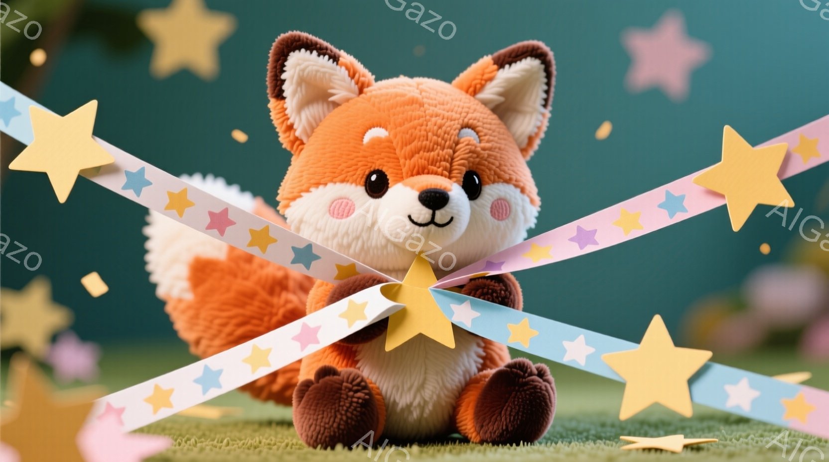 鮮やかなオレンジ色の毛並みを持つキツネのぬいぐるみです。正面を向き、両手を膝の上に置き、穏やかな表情をしています。背景は緑色の芝生で、様々な色の星形の飾りやリボンが散りばめられており、お祝いや楽しい雰 - AI生成フリー素材