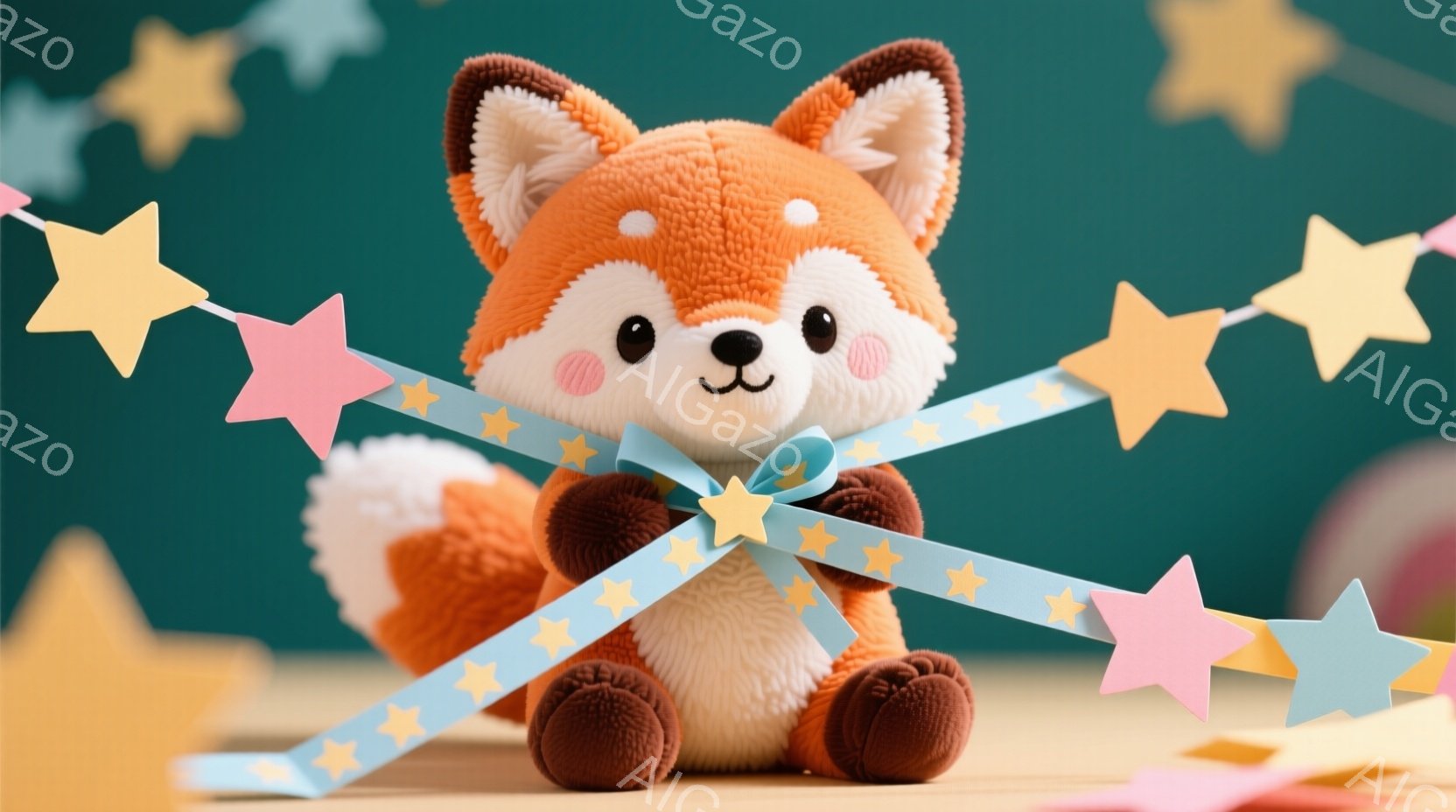 ふわふわのオレンジ色のキツネのぬいぐるみです。大きな茶色の足と白い胸元が特徴で、可愛らしい表情をしています。背景には、パステルカラーの星形のガーランドが飾られており、明るく楽しい雰囲気を演出しています - AI生成フリー素材