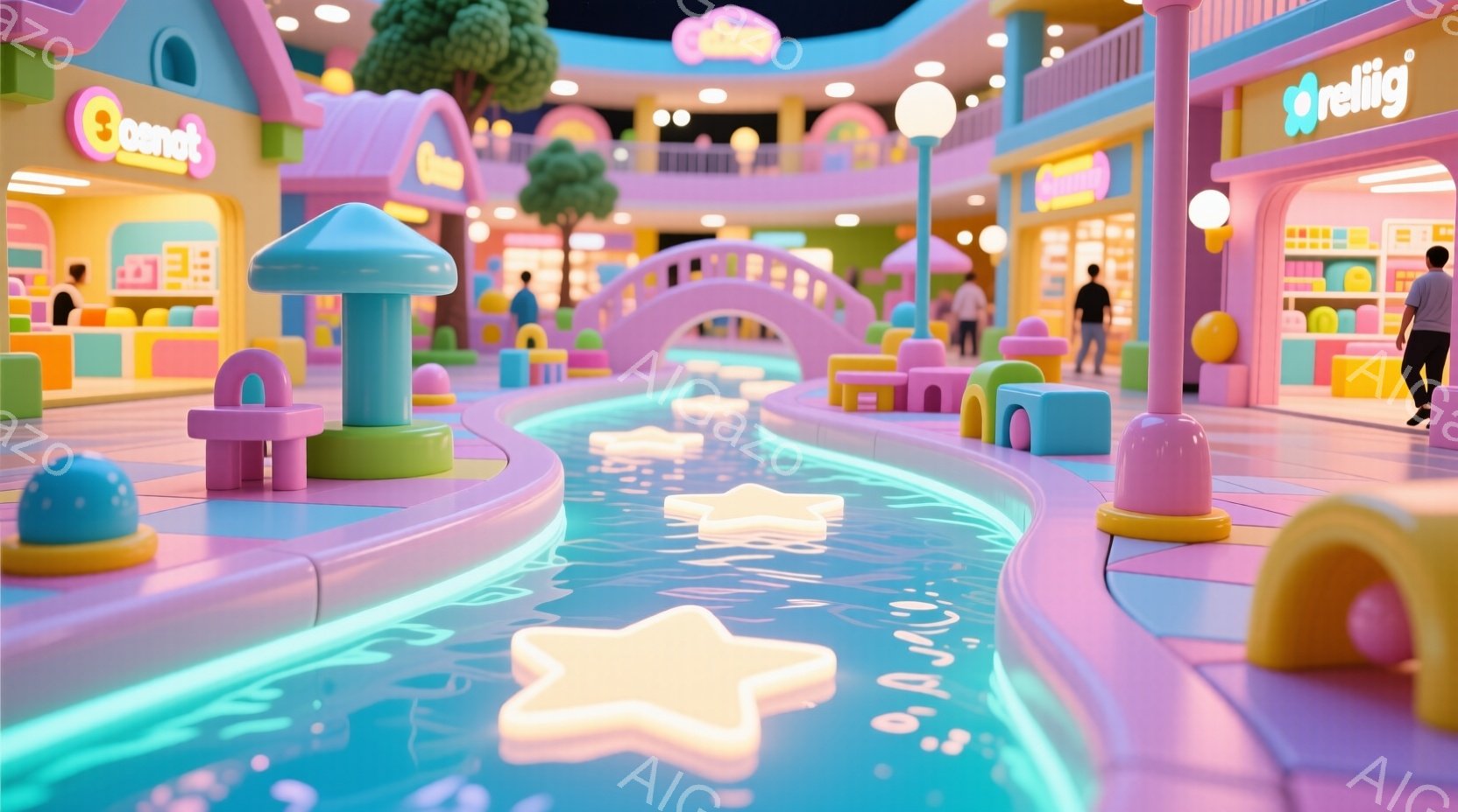 鮮やかなピンクと紫を基調とした遊園地内の様子で、水路には星形のライトが浮かんでいます。人々はカジュアルな服装で、楽しそうに水路の周りを歩き、遊園地内の店舗を背景に賑やかな雰囲気を作り出しています。背景にはカラフルな建物が立ち並び、全体的に夢のような、可愛らしい世界観が表現されています。