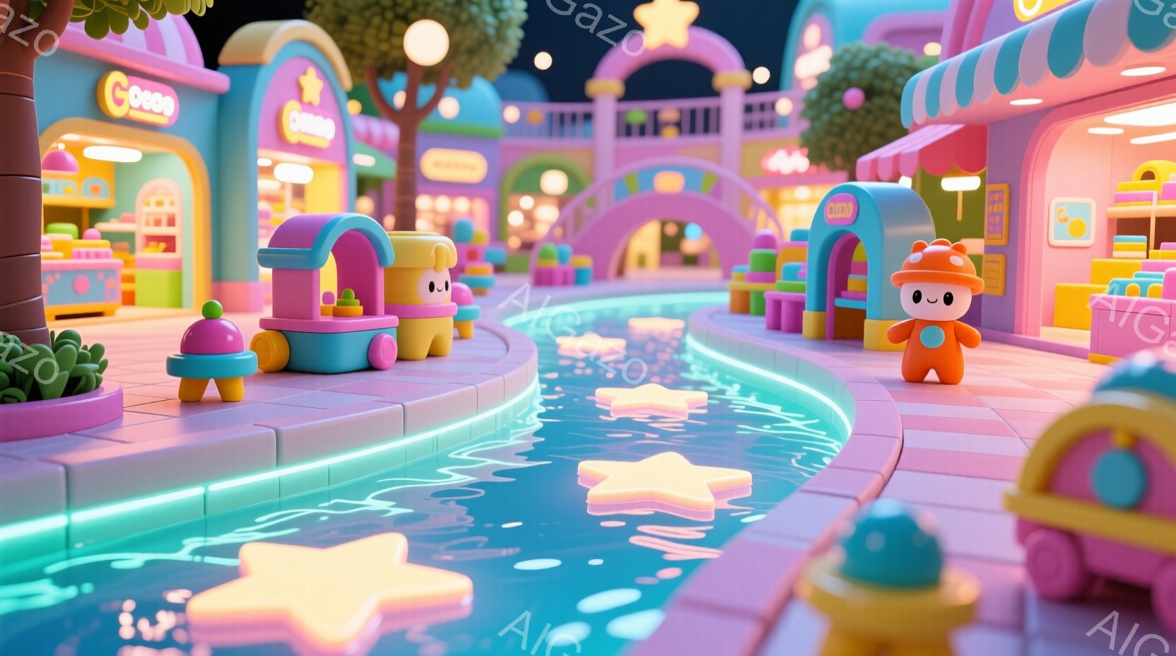 明るいピンクと紫色のパステルカラーで構成された、おとぎ話のような街並みです。丸いキャラクターたちは、それぞれ異なる色の帽子と服を着ており、表情はシンプルで可愛らしいです。街の中央には水路があり、水面には星型の光が反射し、全体的に夢のような、遊び心あふれる雰囲気を醸し出しています。