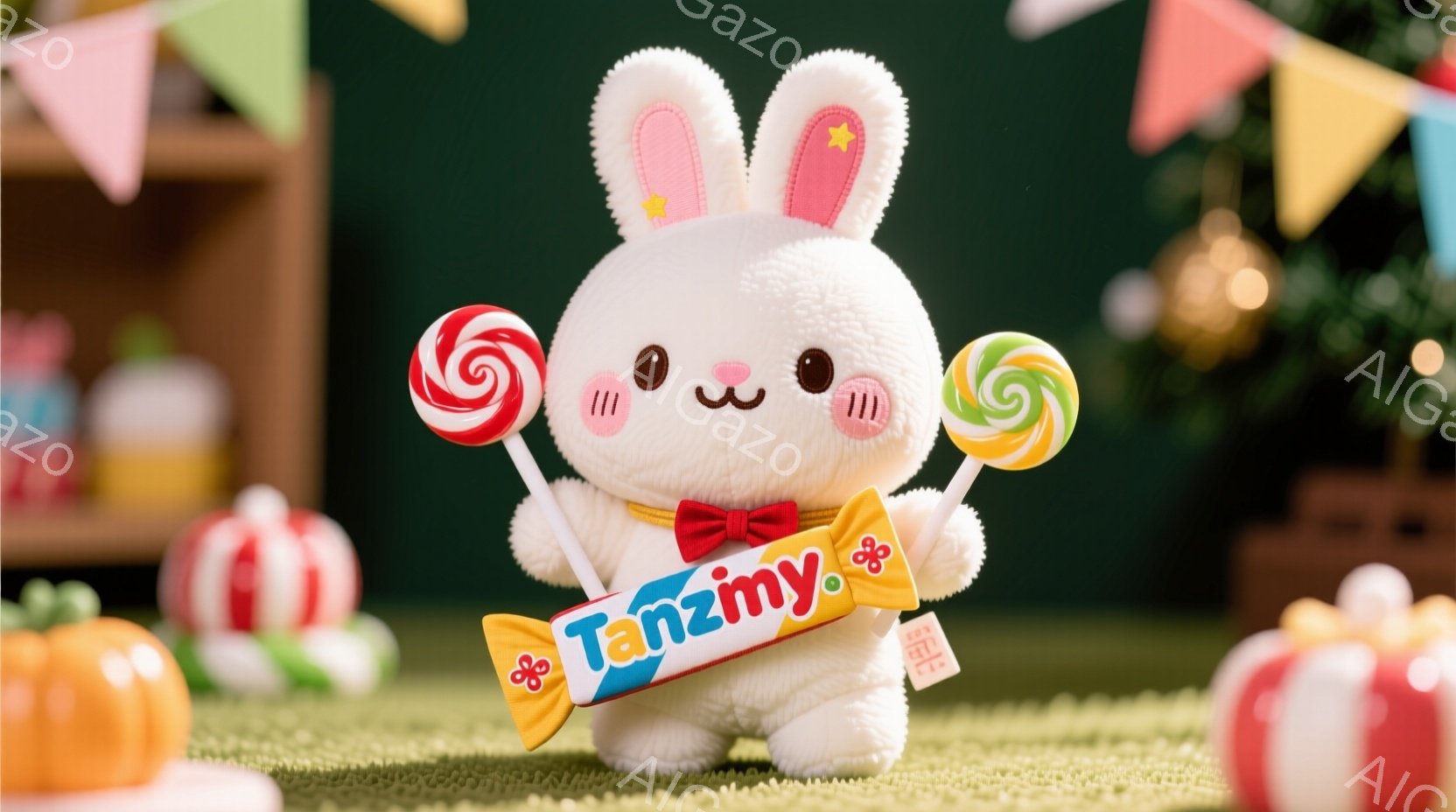 ふわふわの白いウサギのぬいぐるみは、大きなキャンディを両手に持っており、赤いリボンで「Tanzmy」と書かれたバッジを身に着けています。背景には、カラフルなキャンディやプレゼント、そしてぼやけた装飾が - AI生成フリー素材