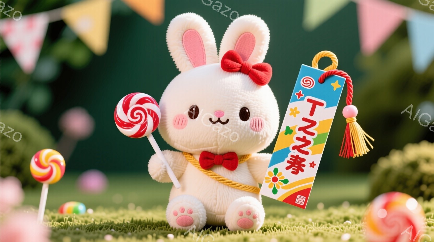 白いふわふわのウサギのぬいぐるみは、赤いリボンと蝶ネクタイをつけて、キャンディを持っています。背景は緑色の芝生とカラフルなキャンディで飾られ、お祭りやイベントのような明るい雰囲気を作り出しています。ウ - AI生成フリー素材