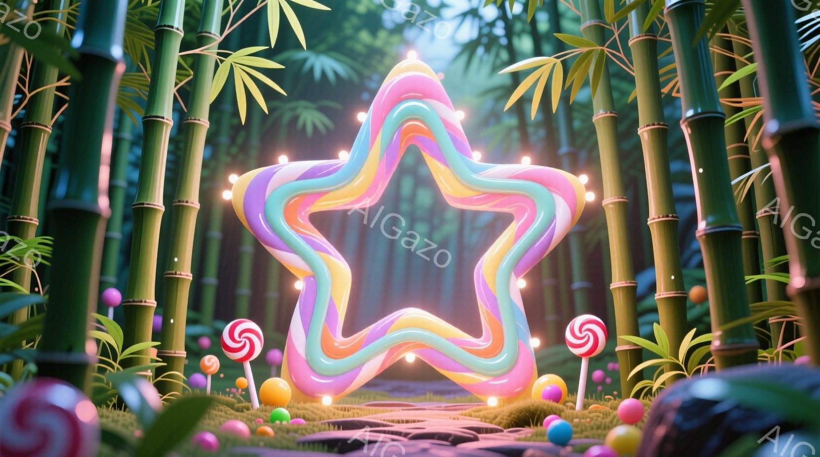緑豊かな竹林の中に作られた、まるで夢のような空間を描いています。地面にはピンク色の道が続き、中央には虹色に輝く大きな星形が浮かび、周りには色とりどりのキャンディーが散りばめられています。全体的に幻想的 - AI生成フリー素材