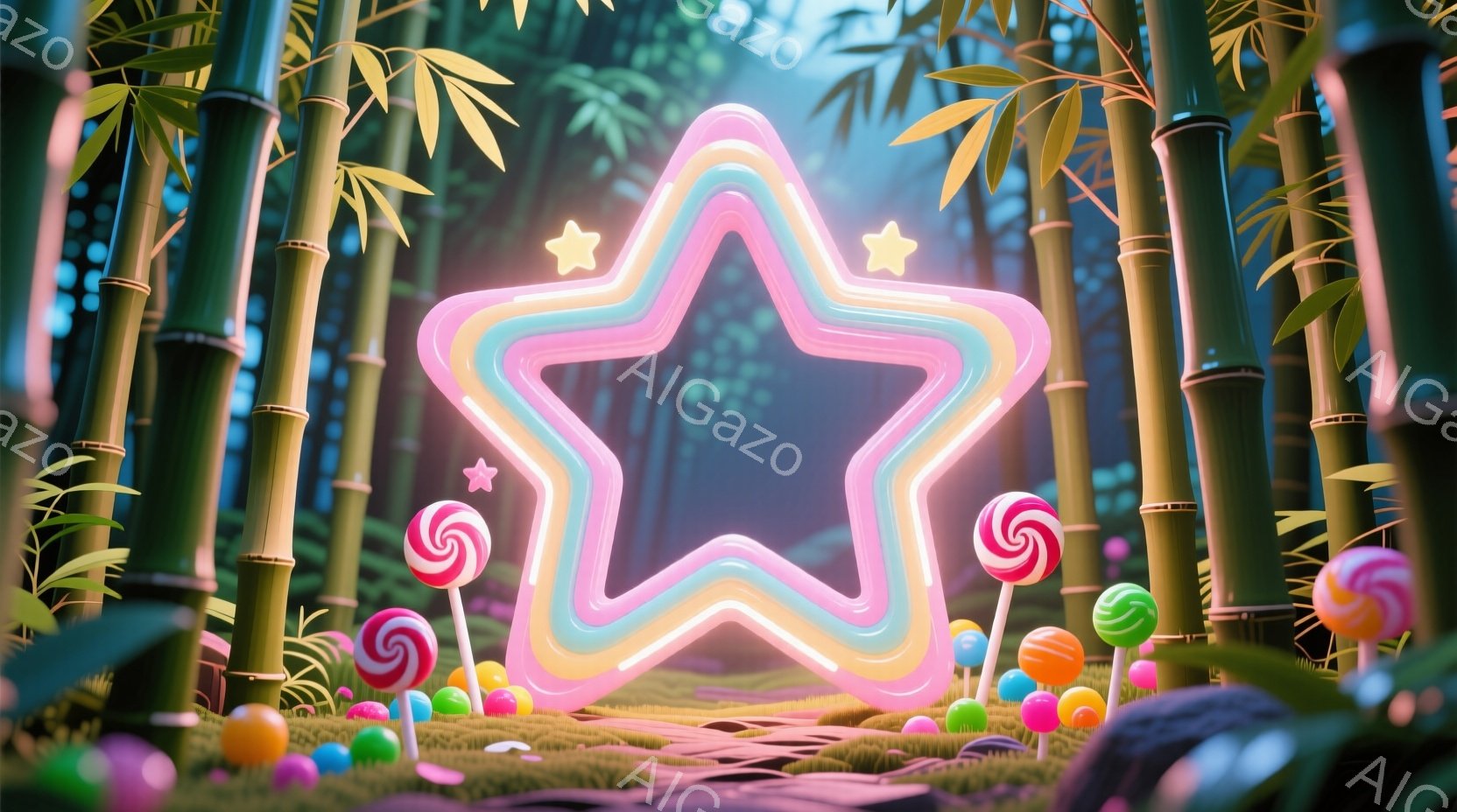 鮮やかなピンクと黄色の光を放つ大きな星形が、緑豊かな竹林の中に浮かび上がっています。地面には色とりどりのキャンディーやボールが散らばり、まるで夢のような空間を演出しています。背景の竹林と星形の光が合わ - AI生成フリー素材