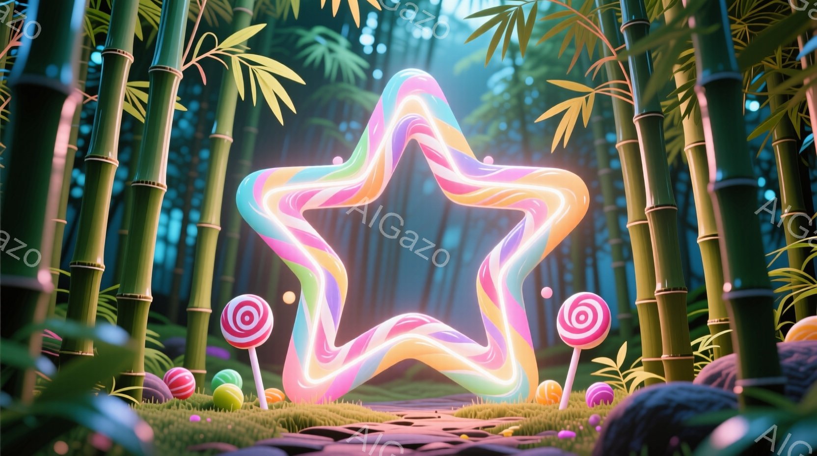 鮮やかな色彩の星形が、竹林の中に設置されたアーチとして描かれています。地面はピンク色の道で覆われ、周囲にはカラフルなキャンディや球体が散らばり、遊び心のあるファンタジーな雰囲気を作り出しています。緑豊 - AI生成フリー素材