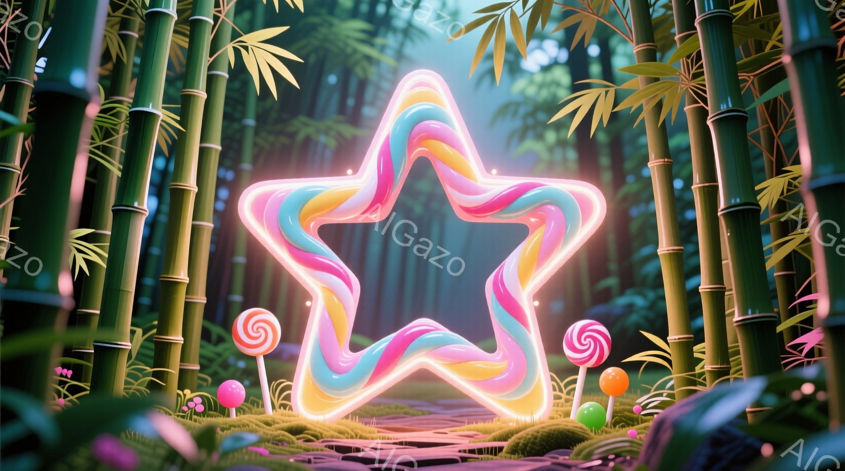 鮮やかな色彩のキャンディのような星形が、緑豊かな竹林の中に浮かび上がっています。地面にはピンク色の道が敷かれ、周囲にはカラフルなキャンディが点在しており、幻想的な雰囲気を醸し出しています。光の粒子が漂 - AI生成フリー素材