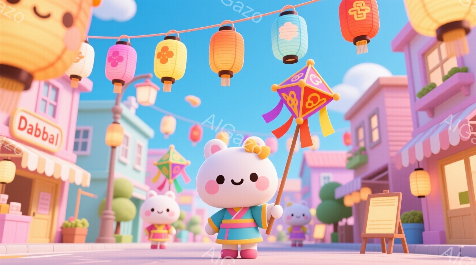白くて丸いキャラクターが、ピンクと緑の着物のような服を着て、頭には赤いリボンをつけて立っています。背景には、カラフルで可愛らしい建物が並び、提灯が飾られており、全体的に明るく、お祭りやイベントのような - AI生成フリー素材
