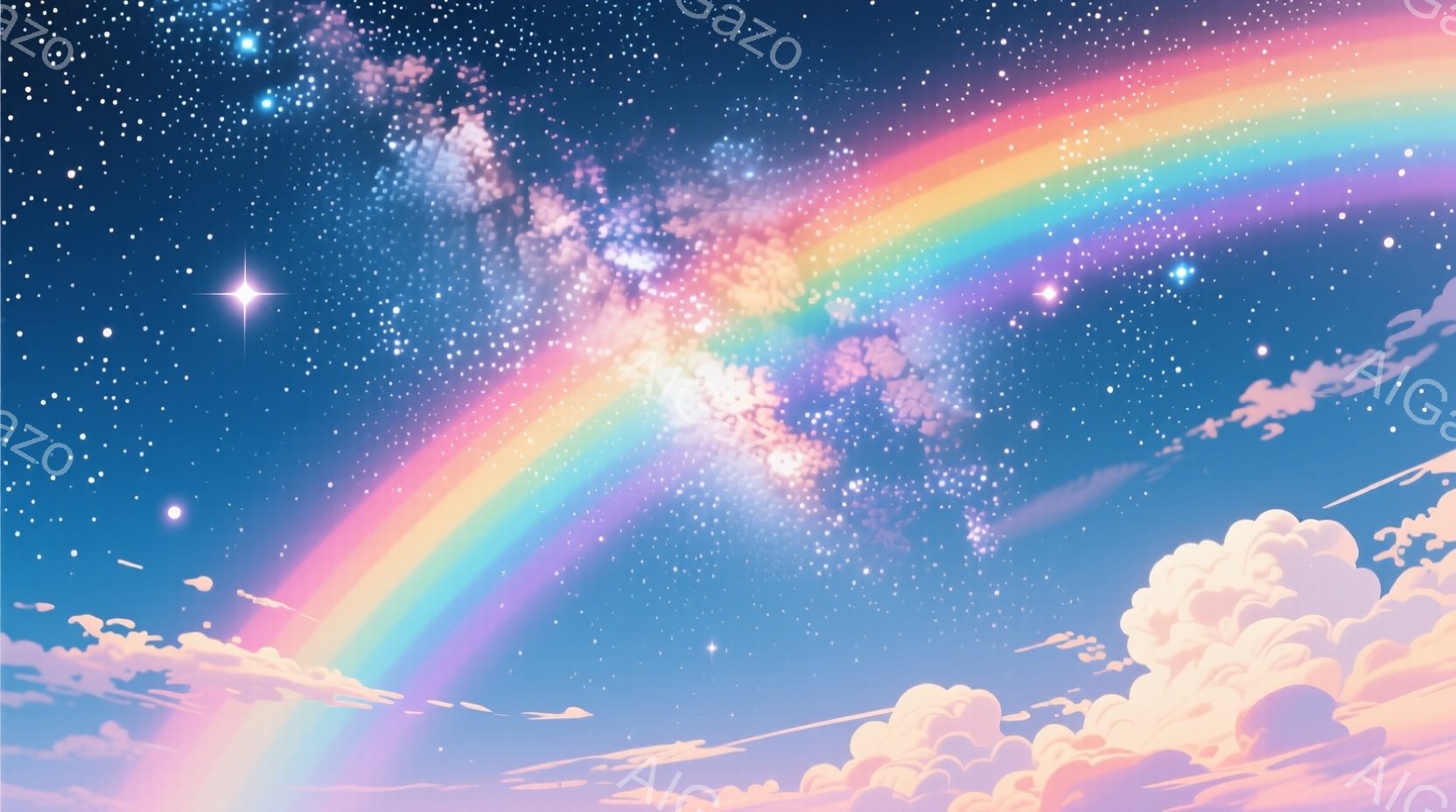 鮮やかな虹が、ふわふわとしたピンク色の雲と紺碧の空を背景に大きく広がっています。星が散りばめられた夜空は幻想的で、雲の淡いピンク色が、虹の色彩と調和し、穏やかな雰囲気を醸し出しています。全体として、夢 - AI生成フリー素材