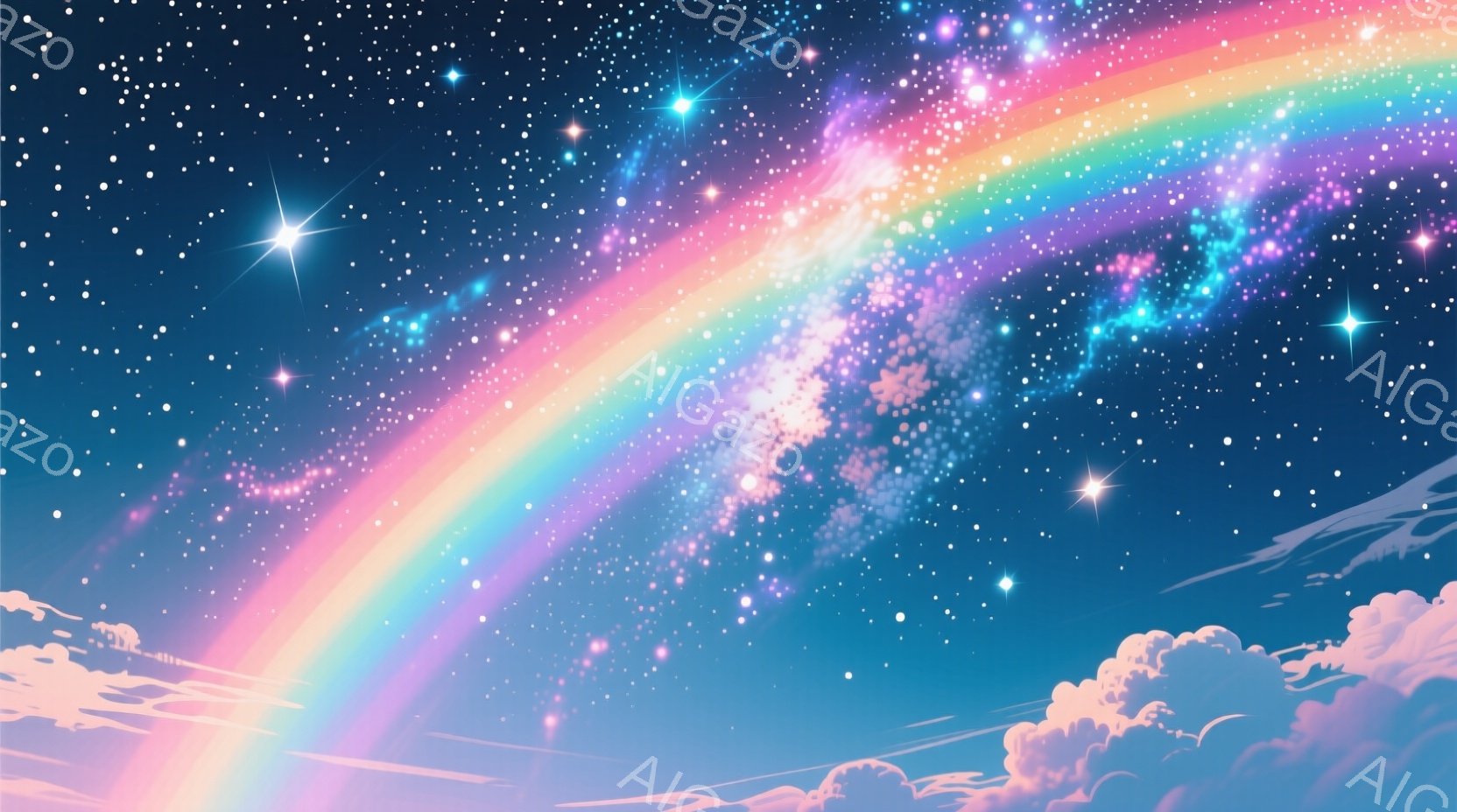 鮮やかな虹が、濃い青色の夜空を横切って伸びています。夜空は無数の星と、ふんわりとしたピンク色の雲で満たされ、幻想的な雰囲気を醸し出しています。全体的に、穏やかで希望に満ちた、夢のような光景です。