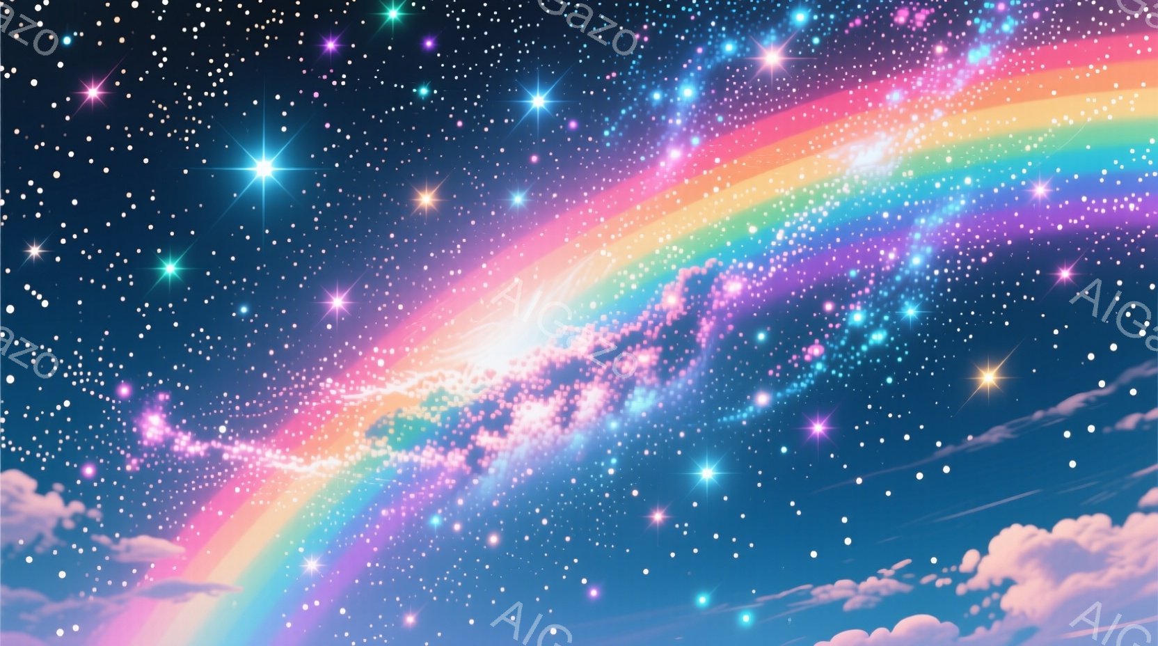 広大な夜空に鮮やかな虹が架かっています。無数の星々が煌めき、下部には淡いピンク色の雲が広がっており、幻想的な雰囲気を醸し出しています。全体的に、希望と神秘を感じさせる、夢のような光景です。 - AI生成フリー素材