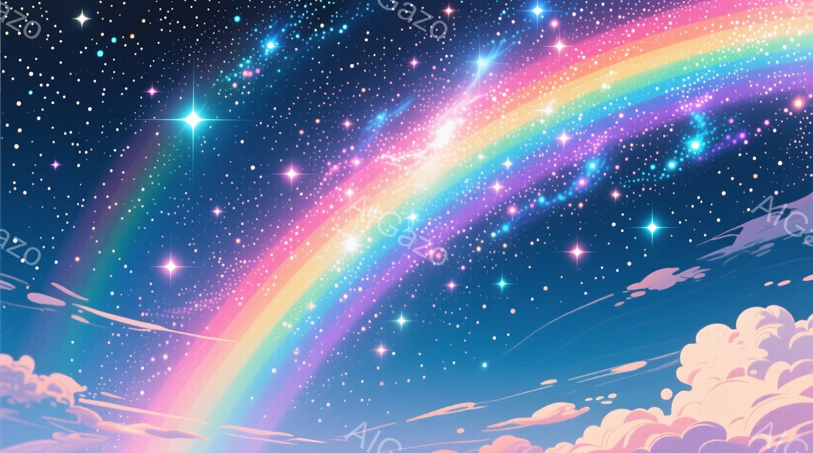 広大な夜空に鮮やかな虹が架かり、無数の星が煌めいている。下部には淡いピンク色の雲が漂い、幻想的な雰囲気を醸し出している。全体的に、神秘的でロマンチックな印象を与える空の風景だ。