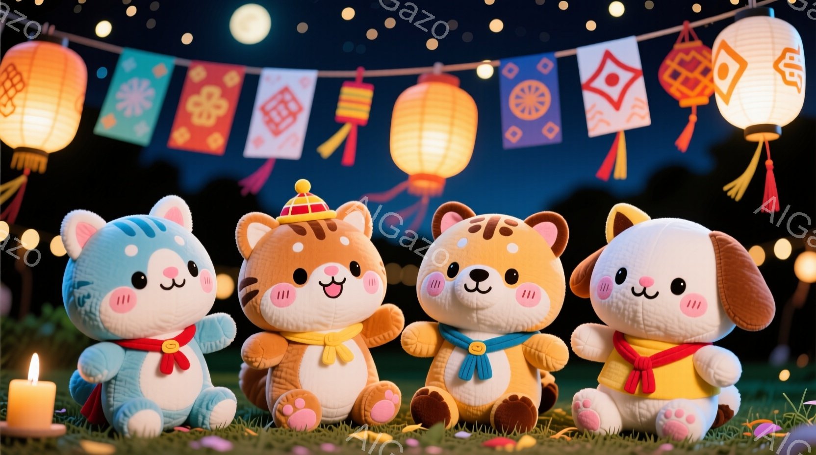 柔らかい毛並みの動物のぬいぐるみたちが、夜の草原に並んで座っています。それぞれ赤いリボンと黄色い布飾りを身につけ、愛らしい表情をしています。背景には提灯や旗が飾られ、夜空には小さな光が輝き、お祭りのよ - AI生成フリー素材