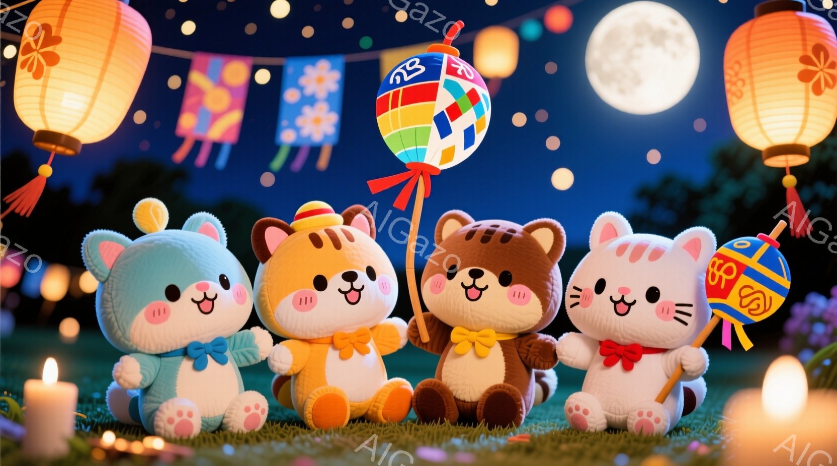 明るい青色の背景に、ふわふわとした動物のキャラクターたちが並んでいます。各キャラクターはそれぞれ異なる色の服を着ており、楽しそうな表情をしています。背景には提灯や月が輝き、夜祭りのような温かく幻想的な雰囲気を醸し出しています。