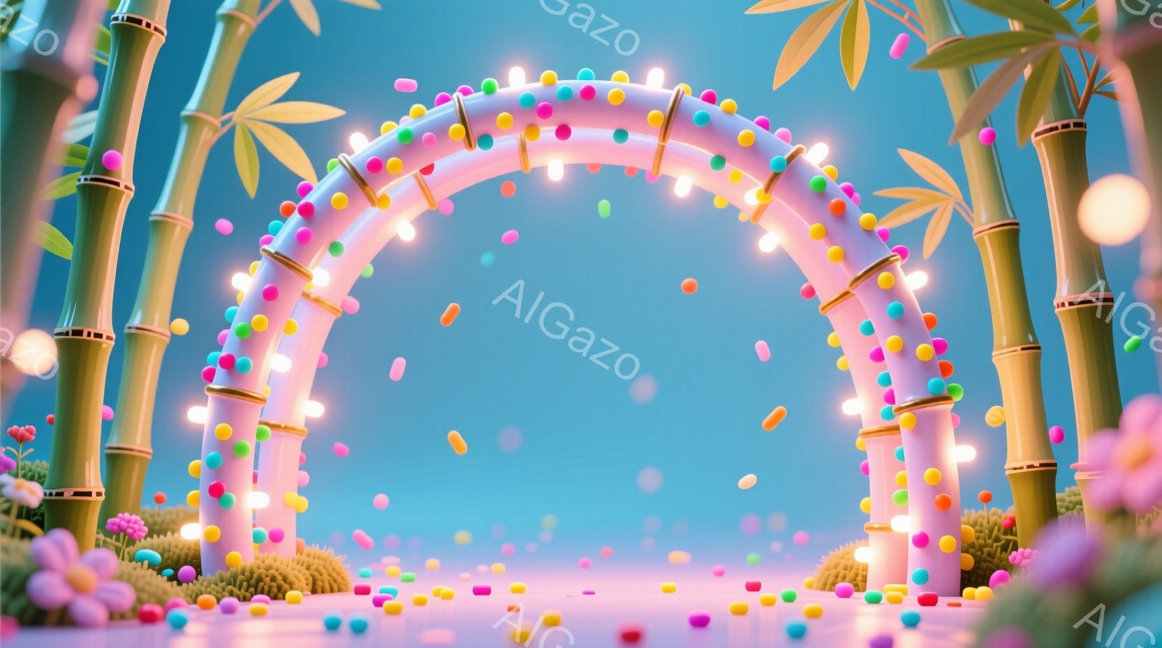 明るい青色の背景に、カラフルなビーズと小さな光で飾られたアーチが印象的な画像です。アーチの下と周囲には、さらにカラフルなビーズが散らばっており、まるでパーティー会場のようです。背景には、漫画のようなス - AI生成フリー素材