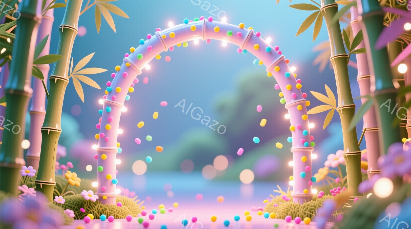 鮮やかなピンク色のアーチが、緑豊かな竹林の中にそびえ立っています。アーチにはカラフルな球体が連なり、周囲には花や散りばめられた光が幻想的な雰囲気を醸し出しています。背景はぼやけたピンクと青のグラデーシ - AI生成フリー素材