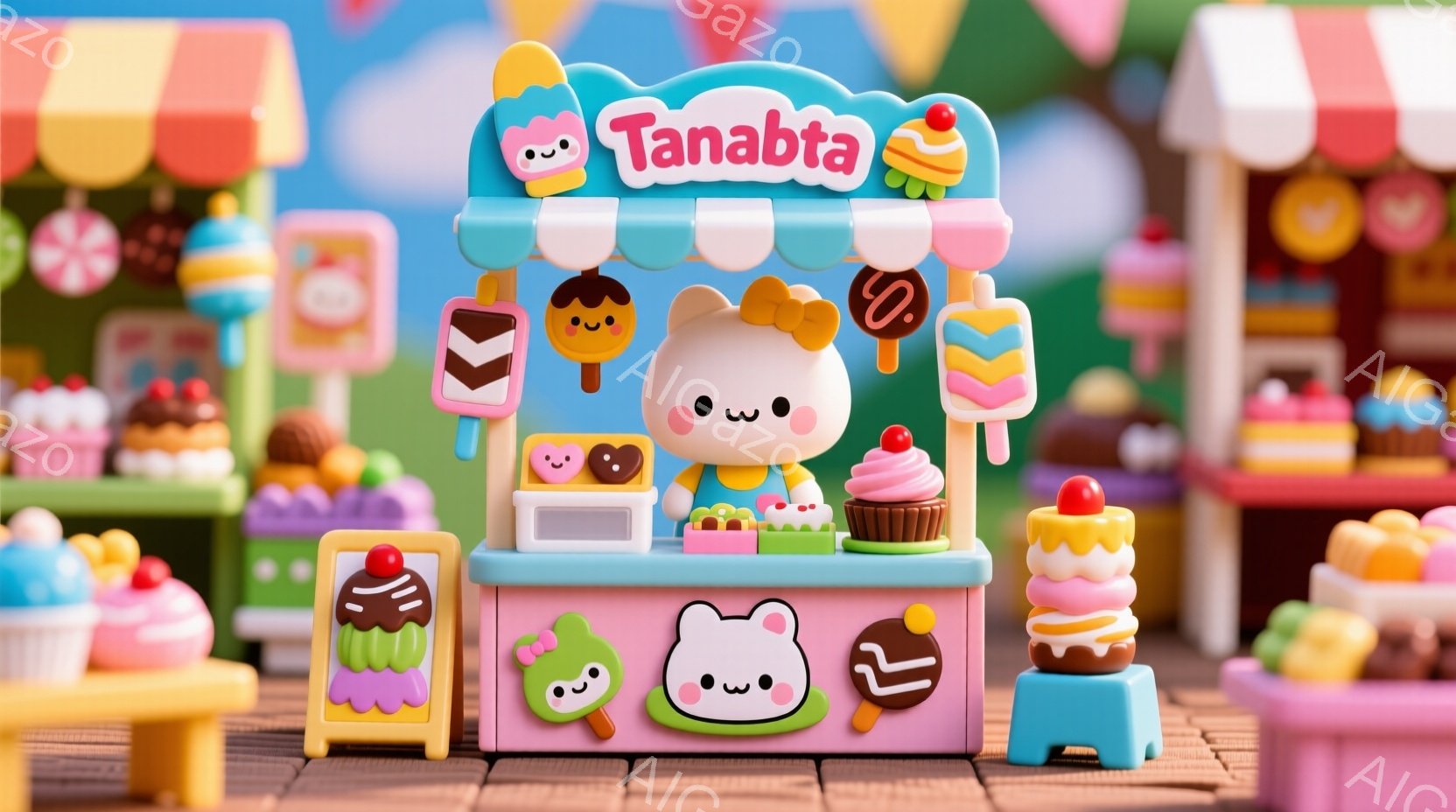 パステルカラーの可愛らしいお店が並び、その前に白いウサギのキャラクターが立っています。ウサギはピンク色の服を着ており、無表情で正面を見ています。お店には、様々なカラフルなスイーツが並べられ、まるでミニチュアの世界のような雰囲気です。