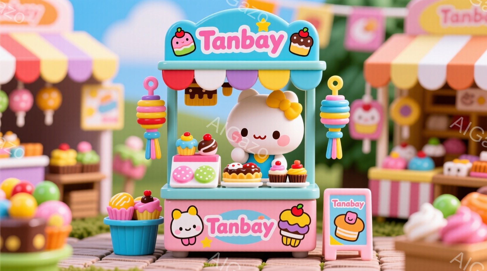 ピンクとミントグリーンのカラフルな背景に、可愛らしいお菓子屋さんのミニチュアが並んでいます。中央には、クリーム色の顔とピンクの頬を持つ、まるで生きているかのようなお菓子屋さんのキャラクターが立っており、楽しそうな表情をしています。背景には、カラフルなケーキやクッキー、お菓子で飾られた小さな建物が並び、夢のような甘い世界を表現しています。