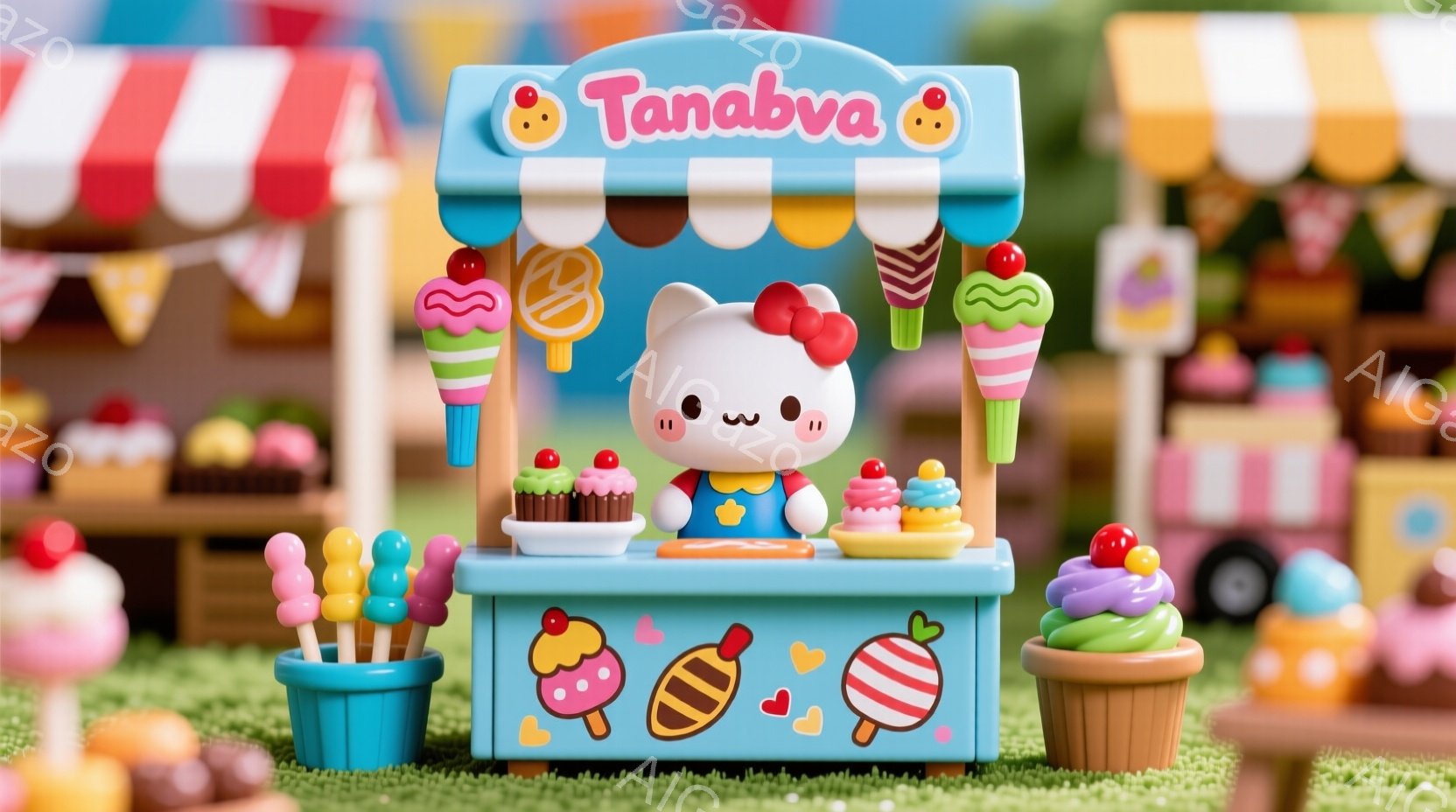 鮮やかな緑の芝生の上に、可愛らしいお菓子屋さんのセットが置かれています。青い屋台には、ピンク色のリボンで飾られた白い可愛らしいキャラクターが立っており、笑顔で様々なお菓子を並べています。背景には、色とりどりのキャンディーやソフトクリームが置かれた鉢植え、そしてピンクと白の可愛らしい建物が見え、全体的に夢のような雰囲気を醸し出しています。