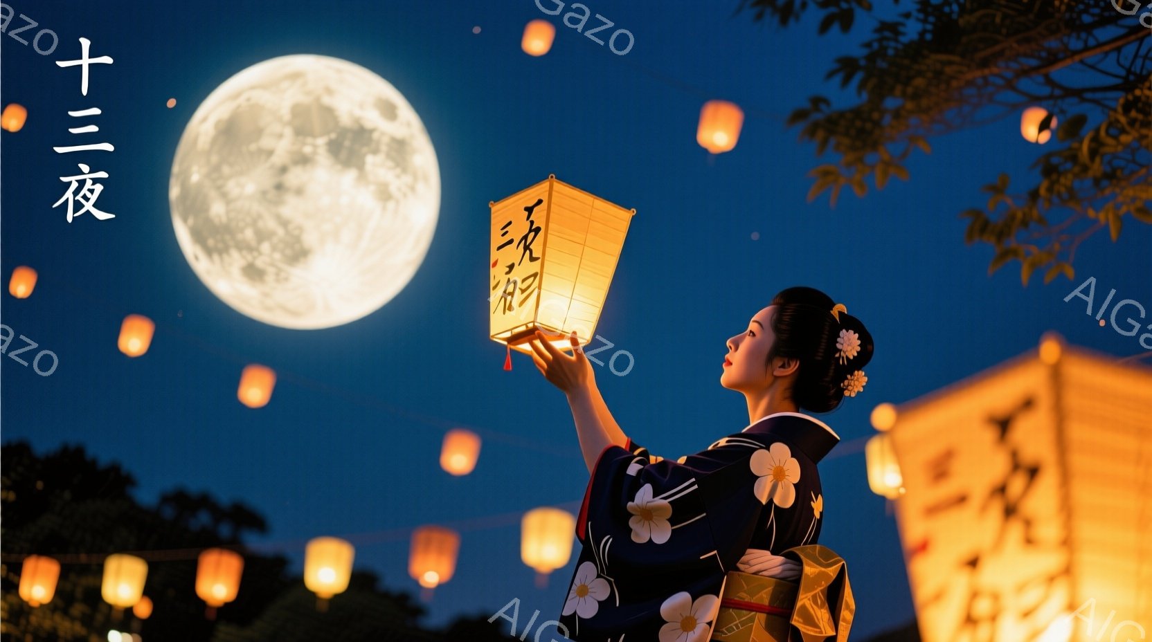 深い青色の夜空を背景に、着物を着た女性が提灯を高く掲げています。彼女は黒髪を華やかに結い上げ、顔には控えめな微笑みが浮かんでいます。提灯と満月が夜空に散りばめられ、周囲にはぼんやりとした建物のシルエッ - AI生成フリー素材