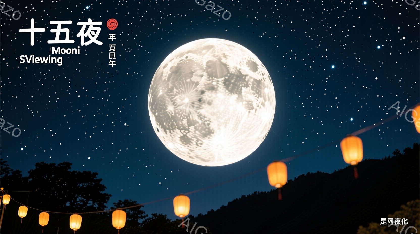 満月が夜空で強く輝き、オレンジ色の提灯が丘に沿って並んでいます。提灯は温かい光を放ち、周囲の暗闇を照らしています。背景には緑豊かな丘陵が広がり、静かで穏やかな雰囲気を醸し出しています。 - AI生成フリー素材