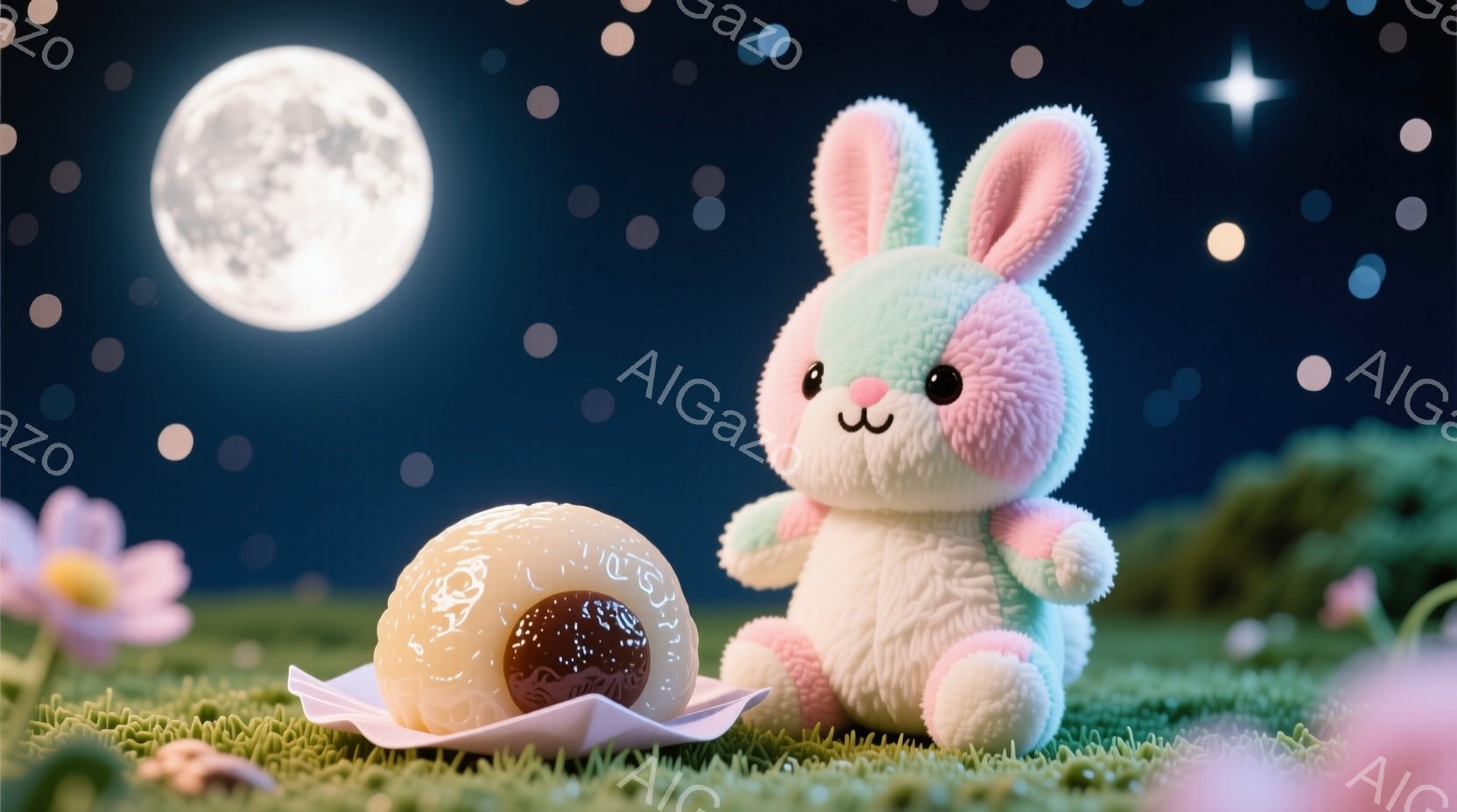 柔らかいピンクと水色の毛並みを持つ、ふわふわのウサギのぬいぐるみと、包装紙に乗ったお団子が写っています。ウサギは草の上に座り、少し微笑んでいます。背景には満月と、ぼやけた緑の植物があり、夜空には小さな星が散りばめられています。