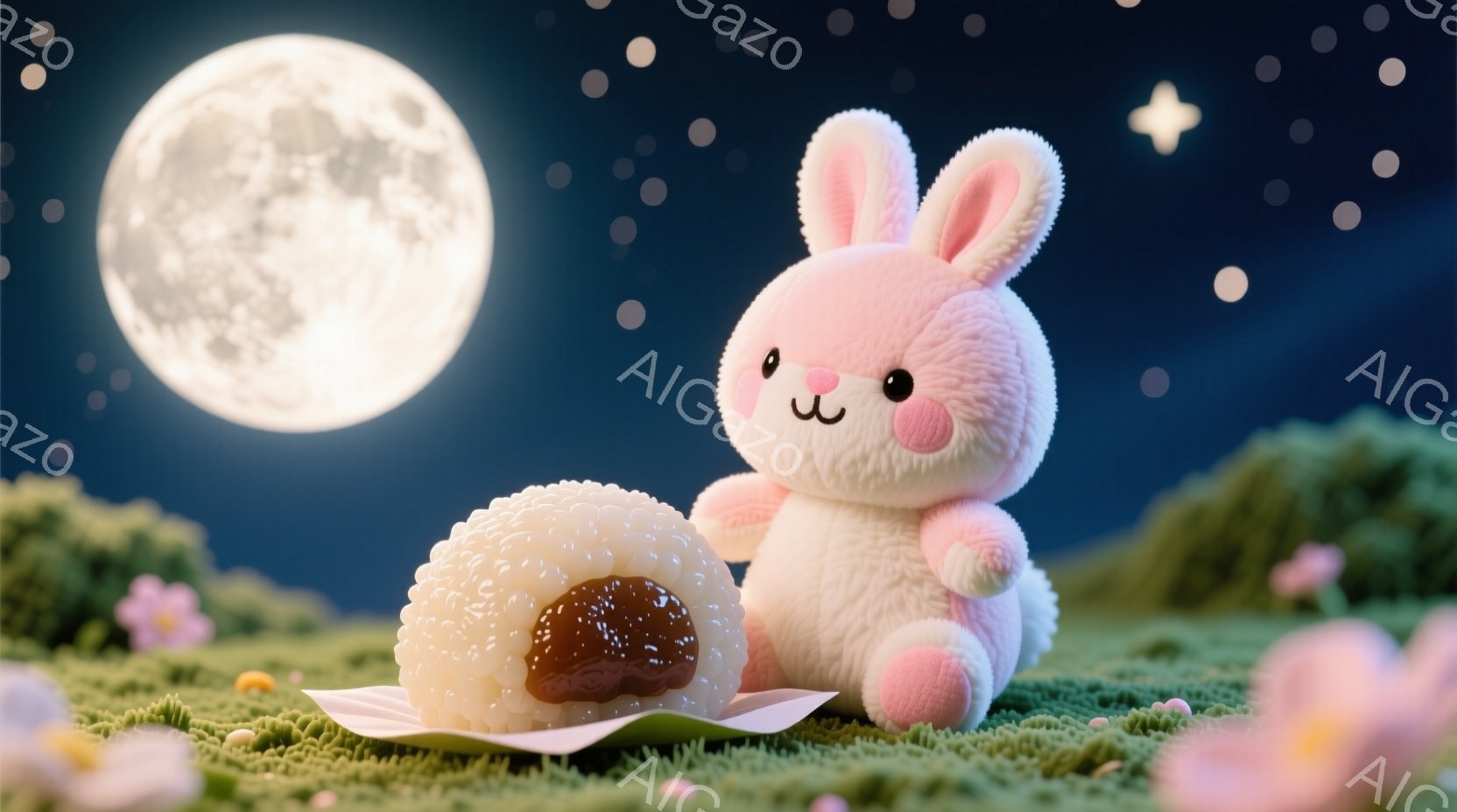 ふわふわのピンク色のうさぎのぬいぐるみと、あんこの入ったお団子が、緑の芝生の上で夜空を背景に描かれています。うさぎは丸いフォルムで、頬はほんのり赤く、可愛らしい表情をしています。満月が輝き、周りには小さな星が散りばめられ、幻想的な雰囲気が漂っています。