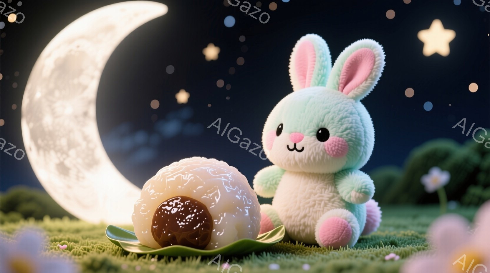 ふわふわした緑色のうさぎのぬいぐるみは、緑の芝生の上に座っています。背景には大きく輝く満月と、星が散りばめられた夜空が広がっており、芝生には小さな花が咲いています。全体的に、夢のような、優しい雰囲気の夜の情景です。
