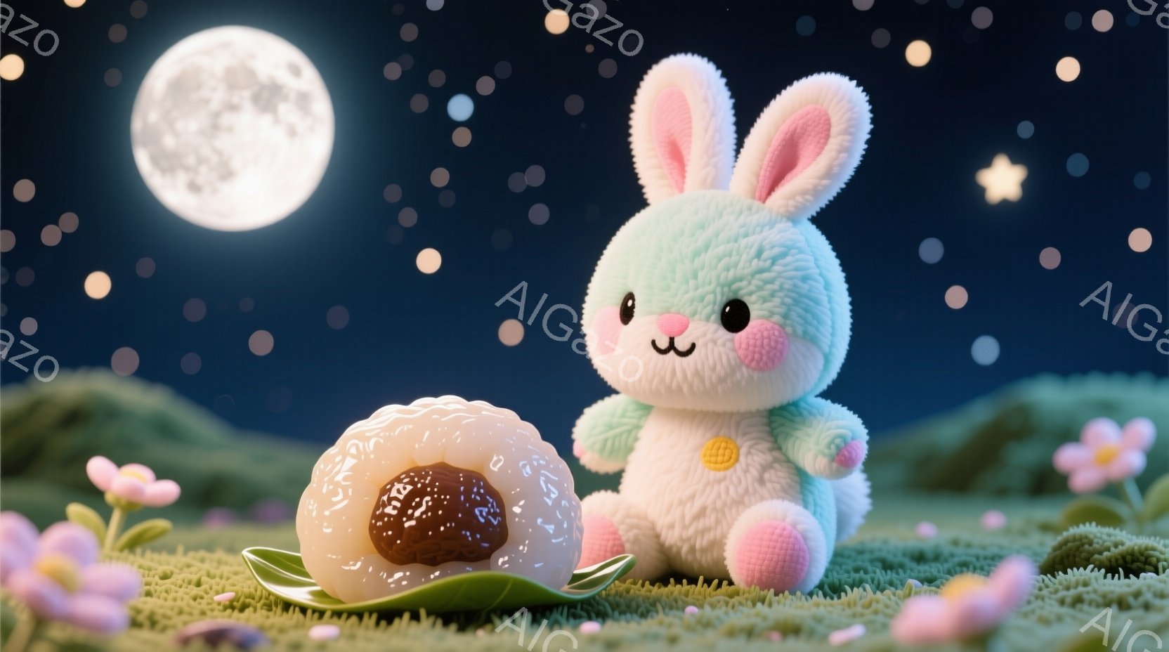 ふわふわのパステルグリーンの衣装を着た白いウサギが、緑の葉の上に置かれたチョコレート菓子を見つめています。ウサギは、少し頬を赤らめ、穏やかな表情で座っており、その姿は可愛らしいです。背景には、満月と星 - AI生成フリー素材