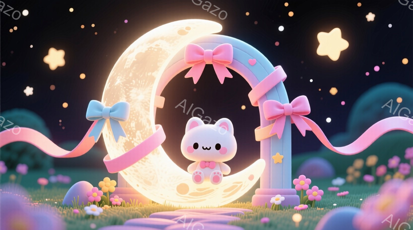 白い子猫が大きな三日月型のフレームに座っており、ピンク色のリボンで飾られています。周囲にはカラフルな花々が咲き乱れ、夜空には星が輝き、牧歌的で夢幻的な雰囲気を醸し出しています。全体的にパステルカラーで - AI生成フリー素材