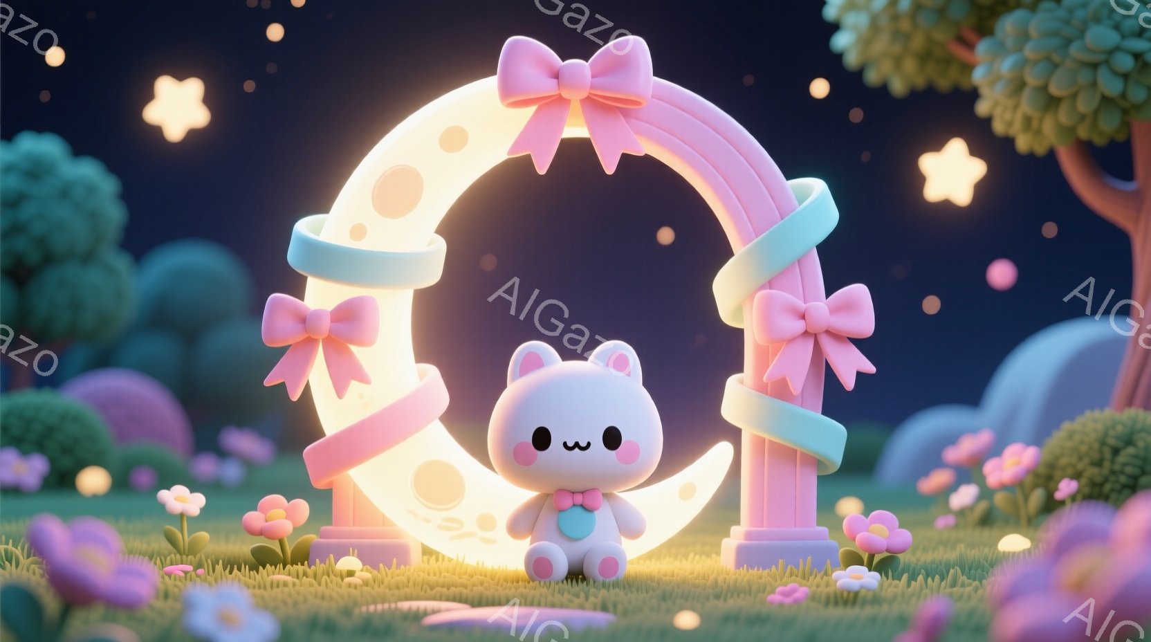 明るい月のアーチの下に、可愛らしいクリーム色のクマが座っています。クマはピンクのリボンで結ばれた小さな蝶ネクタイを着用し、つぶらな瞳と微笑みを浮かべています。背景には、柔らかい色合いの草地と花々、そし - AI生成フリー素材