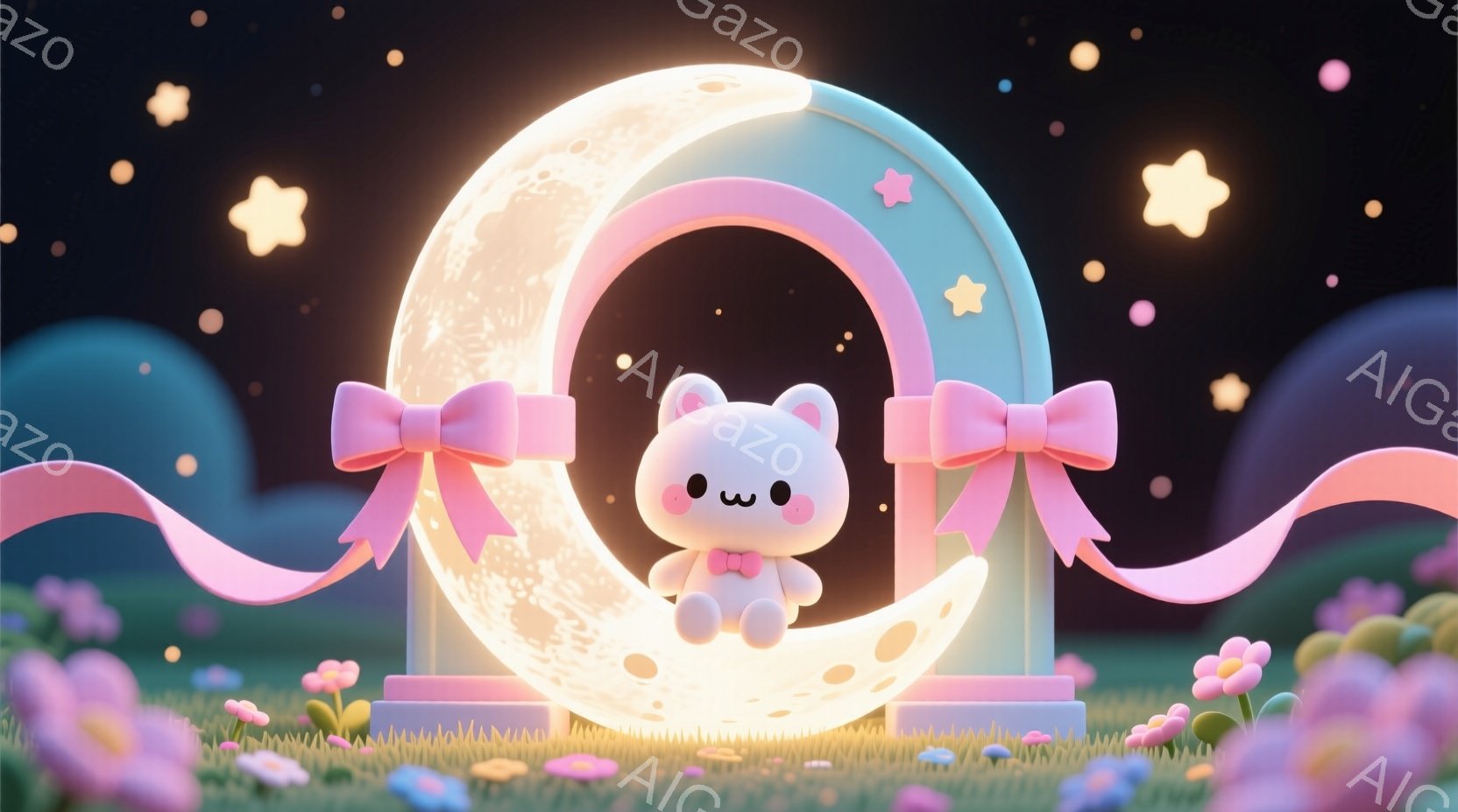 白くてふわふわした動物のキャラクターが、光り輝く三日月のようなゲートに座っています。キャラクターはピンク色のリボンが付いた服を着ており、丸い目と少し微笑んだ表情をしています。背景には、緑の草とカラフル - AI生成フリー素材