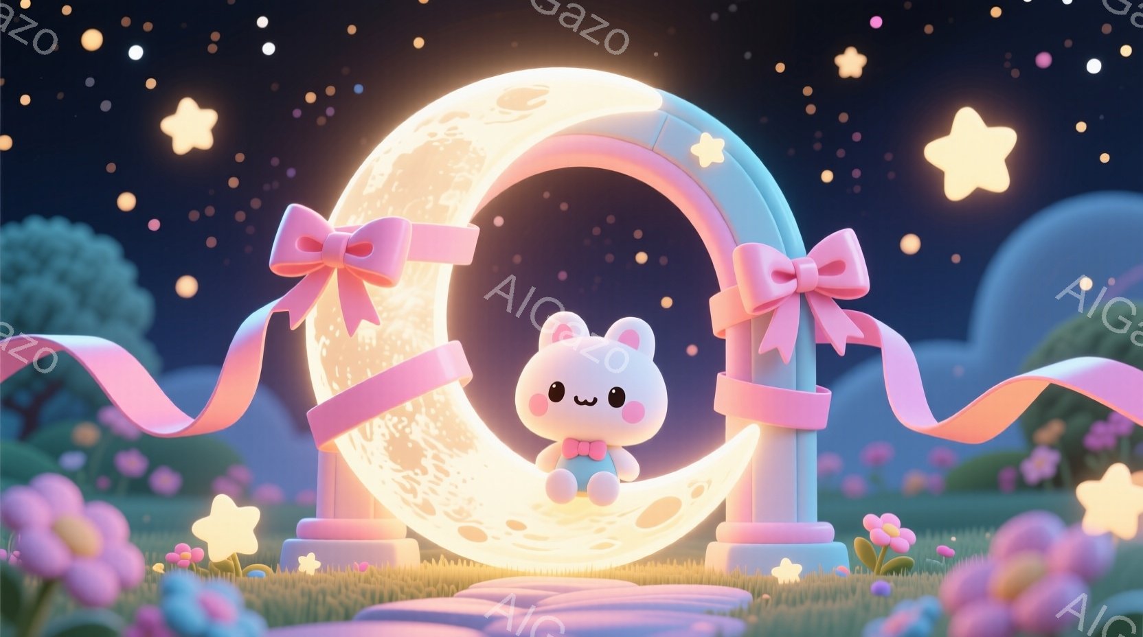 ふわふわしたピンク色のリボンで飾られた、光り輝く三日月型のアーチの中に、小さな白いウサギが座っています。ウサギは赤い蝶ネクタイをつけており、穏やかな表情をしています。背景には、星が輝く夜空と、ピンクや - AI生成フリー素材