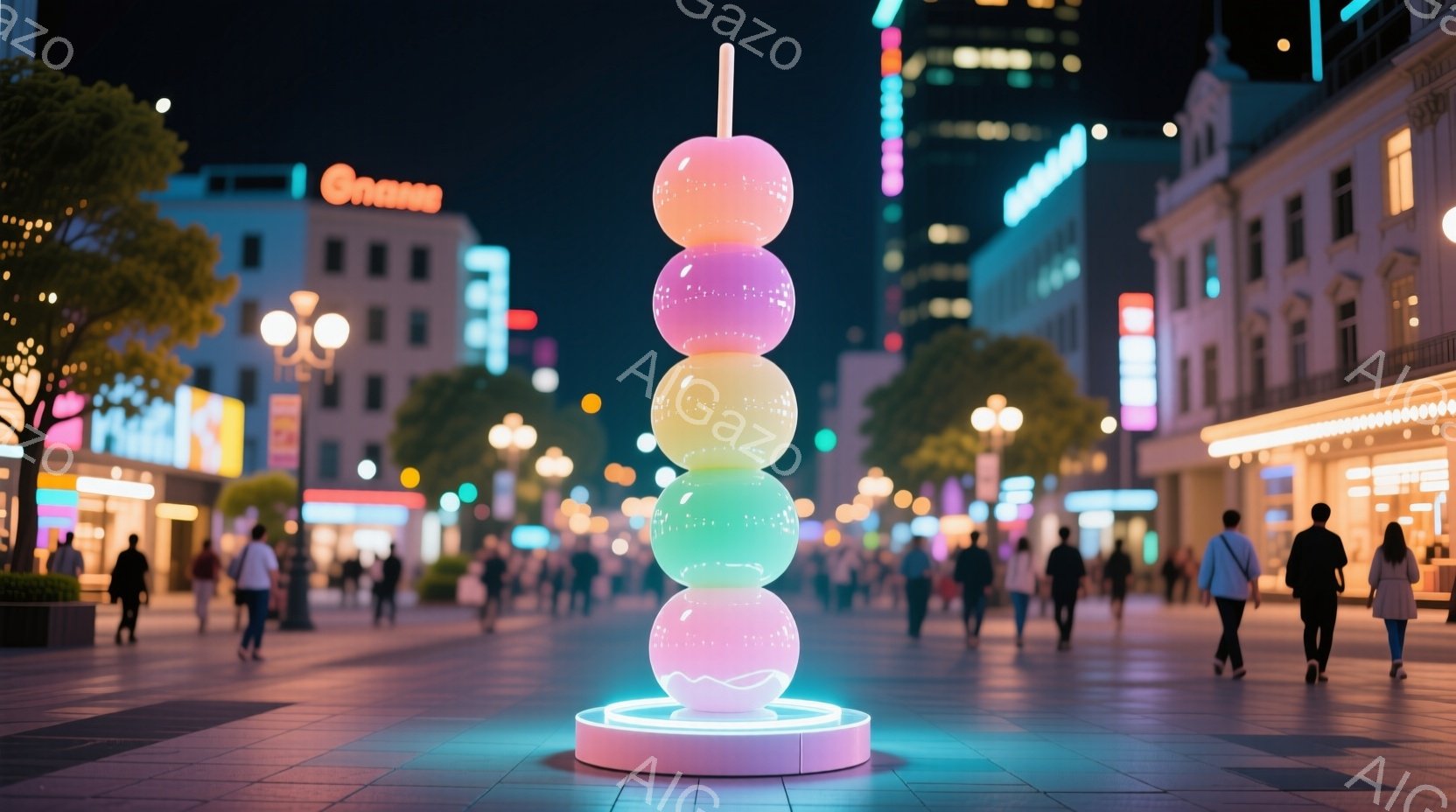 夜の街の中心にある広場に、カラフルな球体が積み重なった彫刻が設置されている。人々はカジュアルな服装で、彫刻を背景に散歩したり、会話を楽しんだりしている様子が見て取れる。背景には高層ビル群や街路樹が並び - AI生成フリー素材