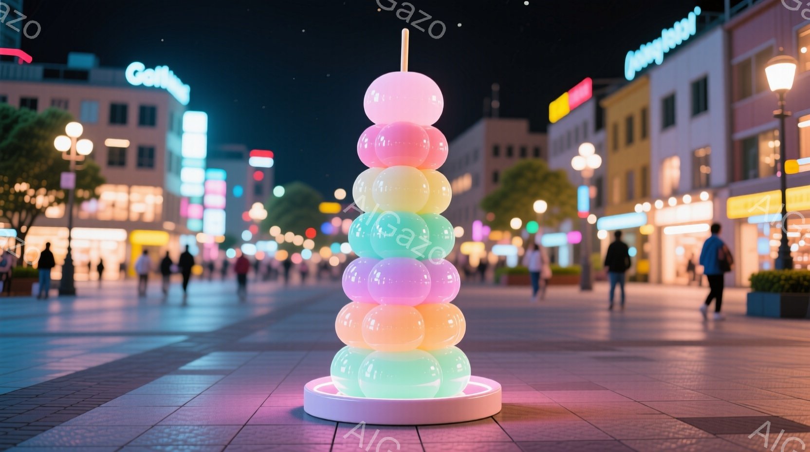 舗装された広場に、虹色の光を放つ球体が積み重なったオブジェが設置されている。背景にはカラフルな建物が並び、多くの人々が夜の街を歩いているのが見える。全体的に幻想的で、活気のある夜の雰囲気が漂っている。 - AI生成フリー素材