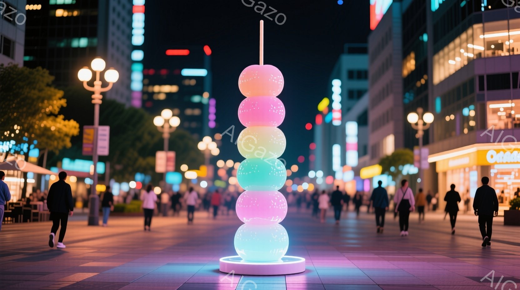 賑やかな都市の通りに、色とりどりの光を放つ巨大な団子のようなオブジェが設置されている。人々はカジュアルな服装で、黒いジャケットやTシャツを着ており、オブジェに向かって歩いているか、通り過ぎていくかの様 - AI生成フリー素材