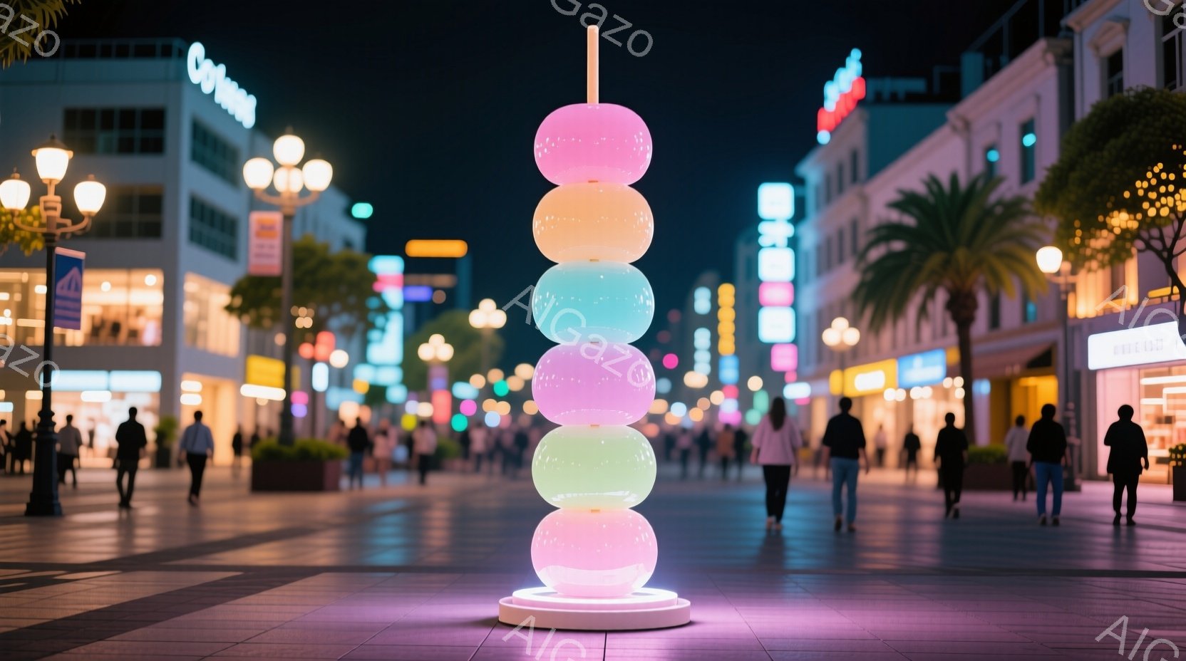 夜の街の中心に、色とりどりの光を放つ巨大な団子のような彫刻が設置されている。歩行者たちはカジュアルな服装で、ぼんやりと背景のネオンサインが光る商店街を散歩しており、顔はほとんど見えない。ヤシの木が立ち - AI生成フリー素材