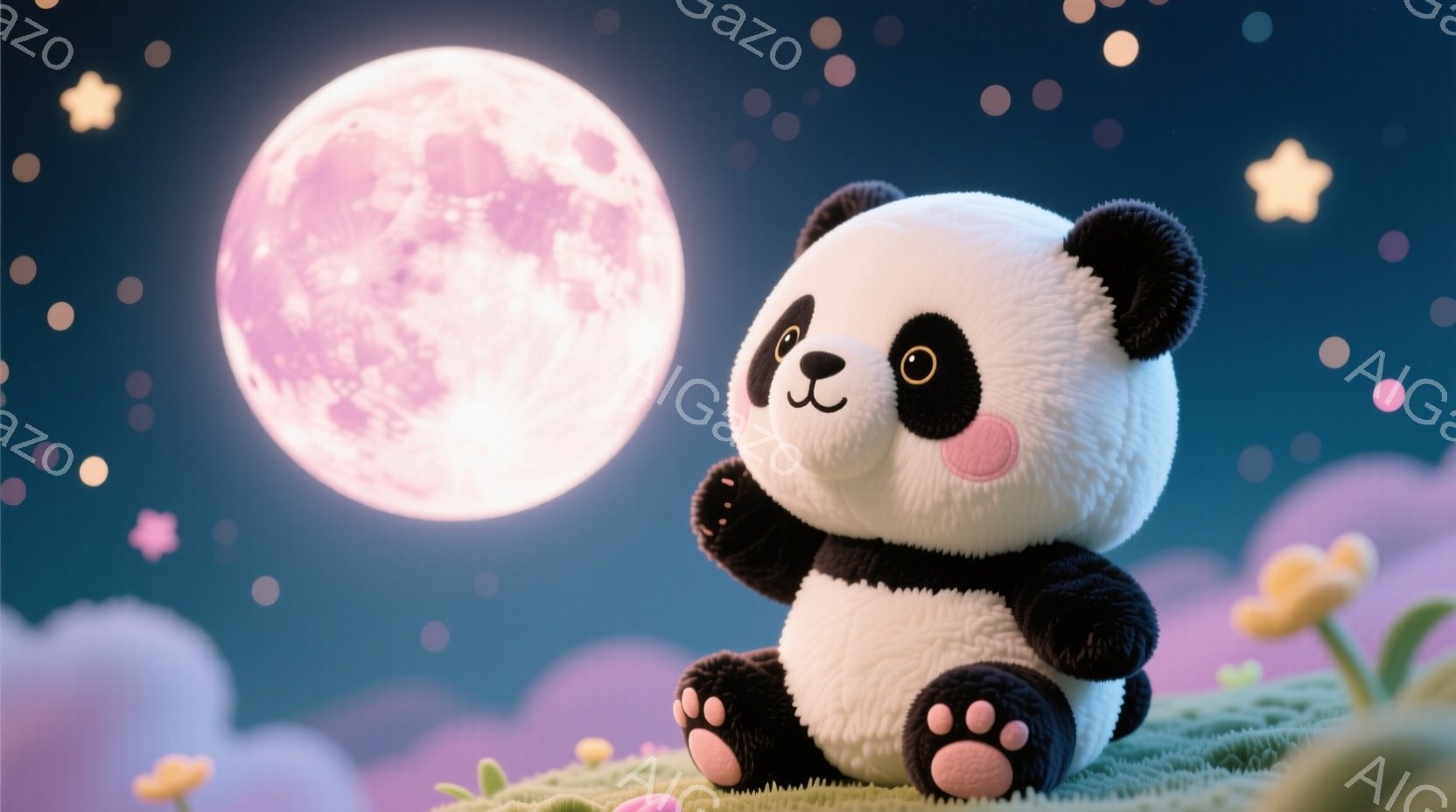 ふわふわとしたパンダが、緑色の丘の上に座って空を見上げています。背景には、大きなピンク色の満月と、小さな星や紫色の雲が浮かび、優しい夜の雰囲気を醸し出しています。パンダは丸いシルエットで、可愛らしい表 - AI生成フリー素材