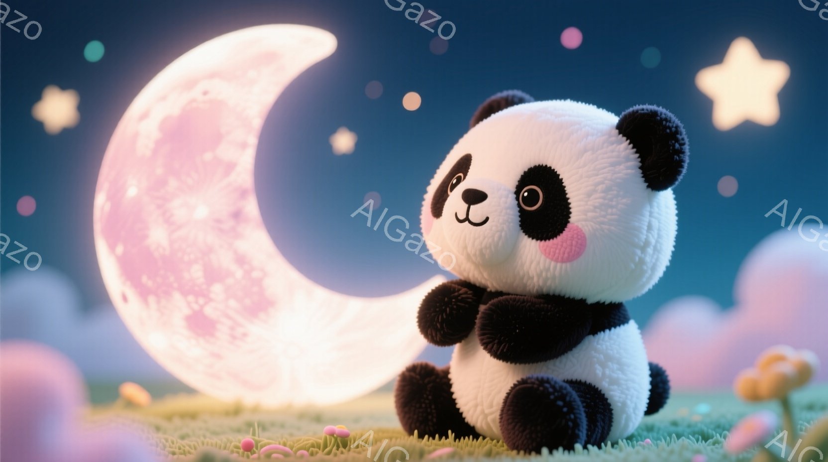 ふわふわのパンダが、ピンク色の草の上に座ってこちらを見ています。背景には大きく明るい満月と、パステルカラーの雲やキノコが生えています。全体的に柔らかく、夢のような雰囲気で、可愛らしい印象です。