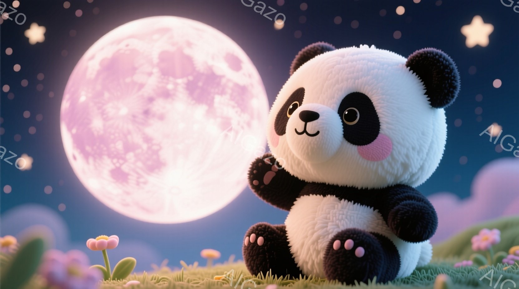 ふわふわとした白黒のパンダが緑の草の上に座っています。大きなピンク色の満月が背景に輝き、空には小さな星が散りばめられています。パンダは少し微笑んでおり、全体的に穏やかで夢幻的な雰囲気です。 - AI生成フリー素材