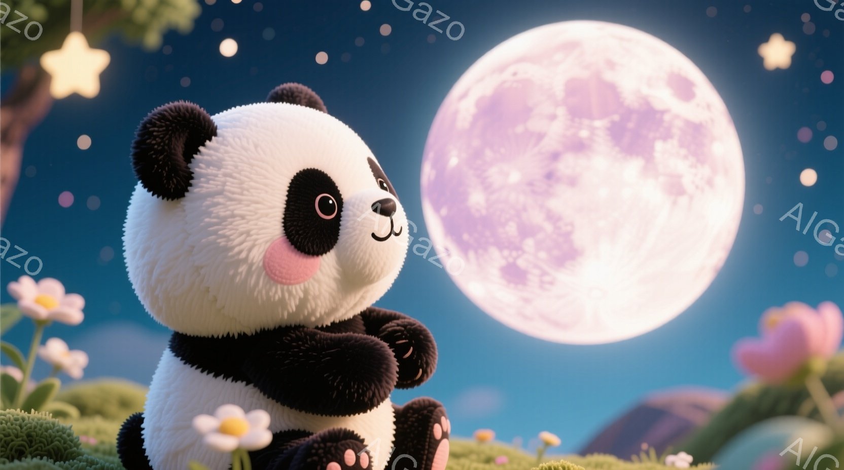 ふわふわのパンダが緑の丘の上に座っており、ピンク色の頬が愛らしい表情を際立たせています。背景には満月が輝き、丘の上には小さな花々が咲き乱れ、幻想的な雰囲気を醸し出しています。全体的に柔らかく、温かい光 - AI生成フリー素材