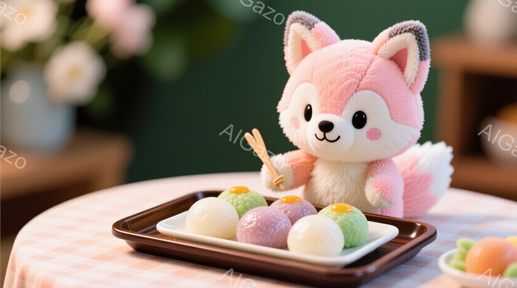 薄いピンク色のふわふわしたキツネのぬいぐるみは、小さな茶色のトレイに並んだ団子を見つめています。キツネは片手に箸を持ち、まるで団子を食べようとしているような可愛らしいポーズをしています。背景にはぼやけた花々と、桃色のテーブルクロスが広がり、全体的に柔らかく温かい雰囲気です。